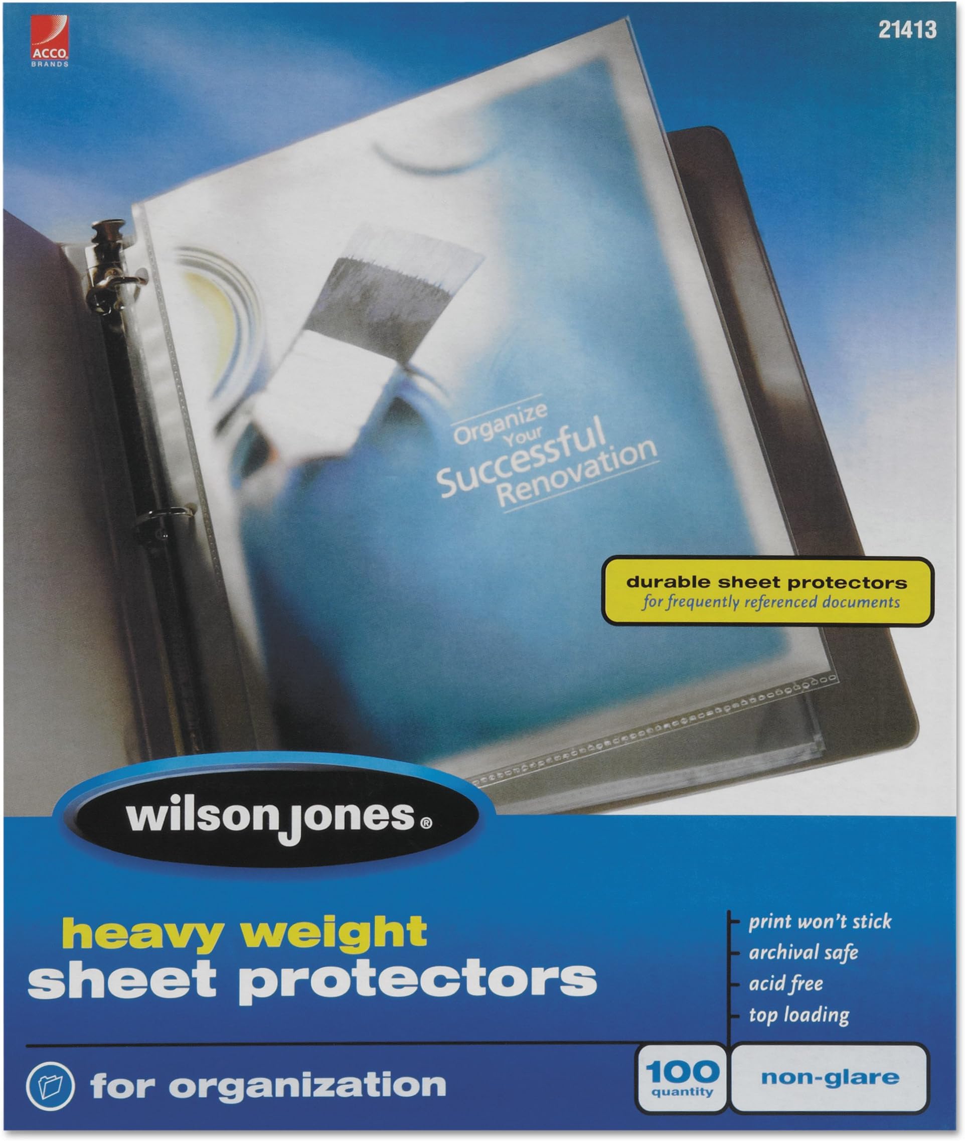 Wilson Jones Sheet Protectors, Heavy Weight, TopLoading, NonGlare, 100 Sheets/Box