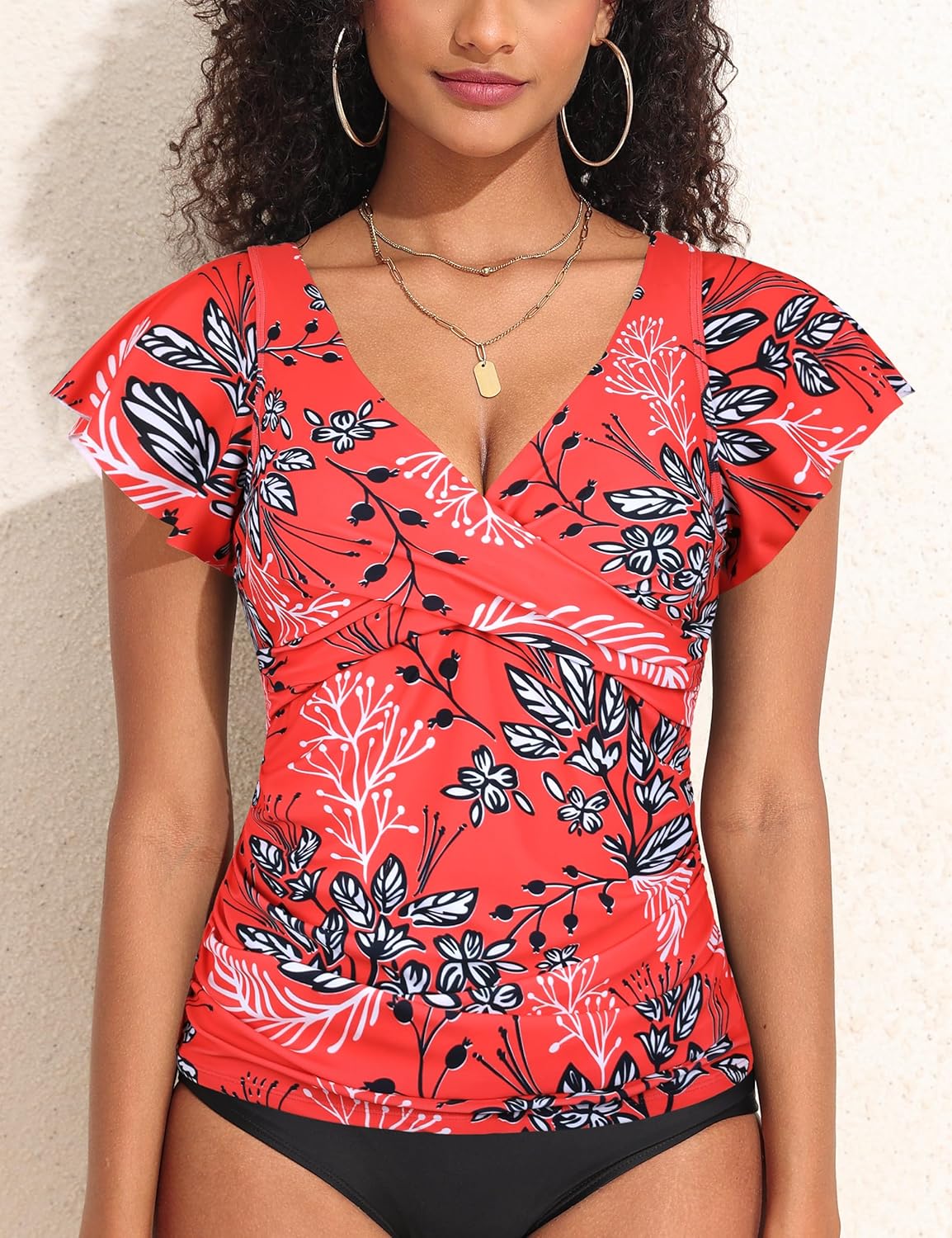 Hilor Women's Underwire Tankini Top Tummy Control Bathing Suits Short Sleeve Tankini Swimsuit Tops Only - Image 3