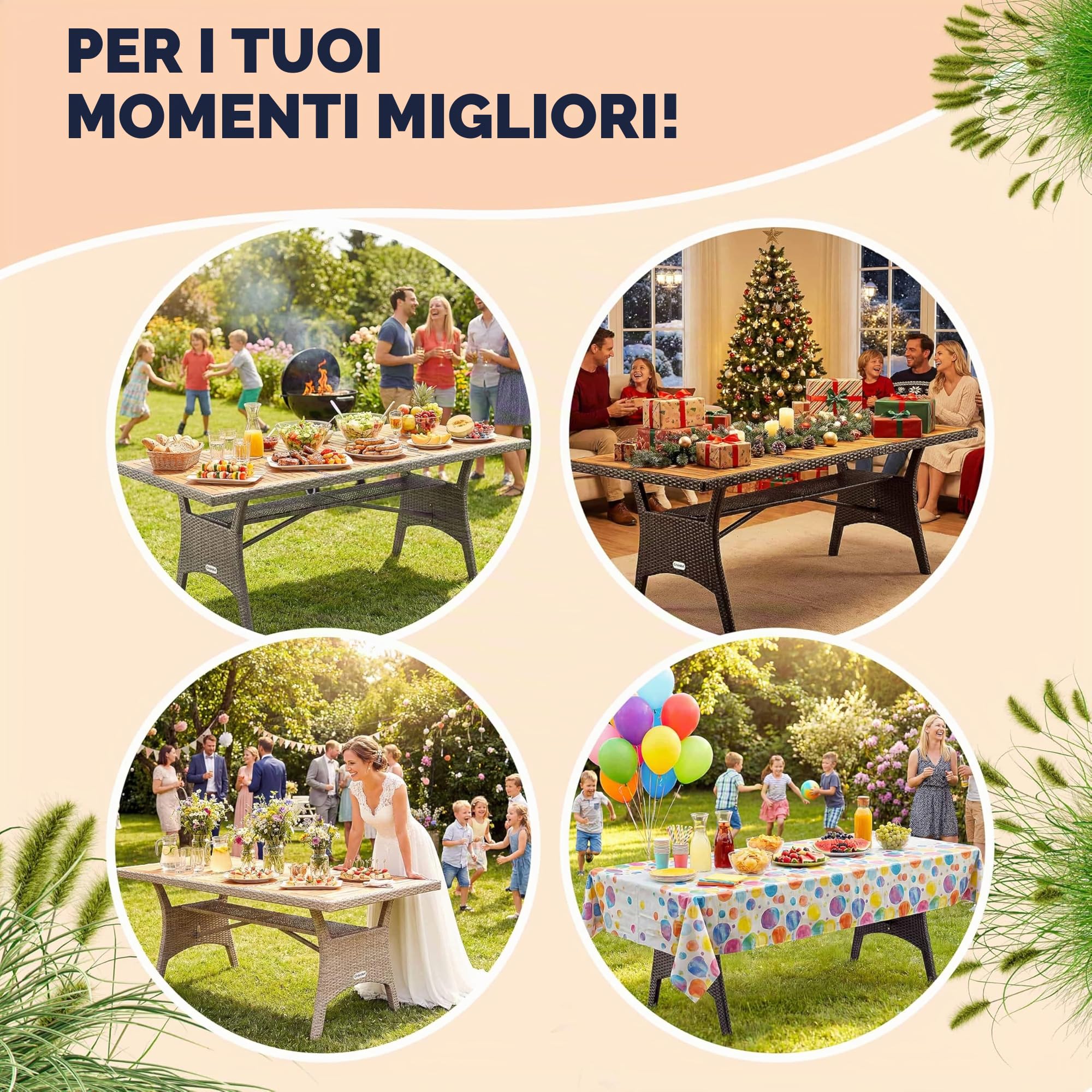 Casaria Tavolo da Giardino in Polyrattan Ripiano in Legno di Acacia 190x90x74cm Regolabile in Altezza per Esterno Pranzo Terrazza