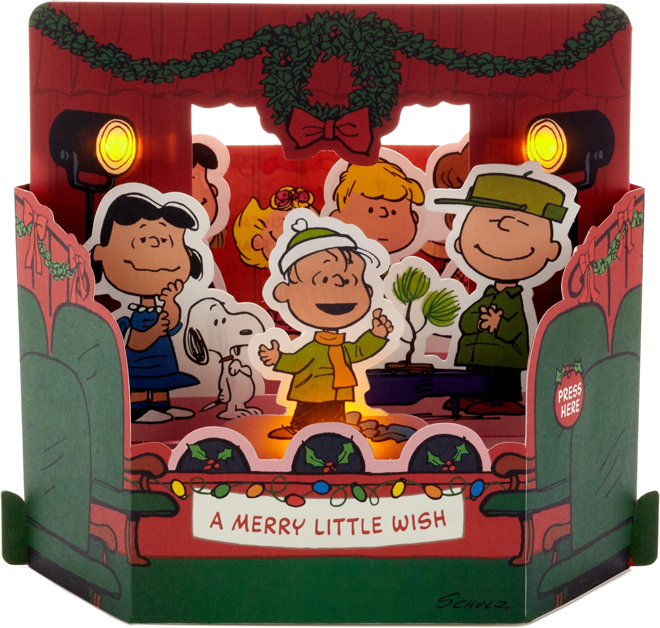 Hallmark Christmas Card, Peanuts Comics, Peanuts Gang, Musical, Light Up, Pop Up Christmas card, 3D Christmas Card, Red