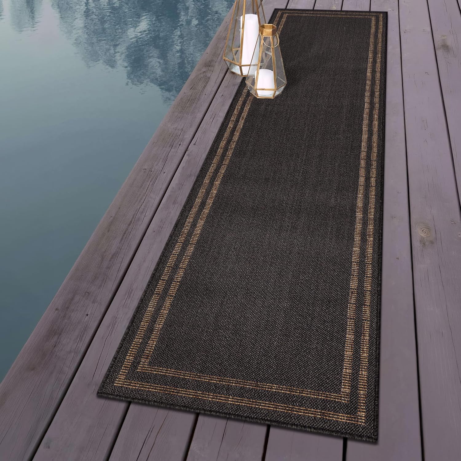 Rugshop Border Stripe Indoor Outdoor Flat Woven Runner Rug,Natural Jute-Style,Easy-Care Patio Rug for Backyard Porch Deck Balcony, 2'3" x 6' Dark Gray/Natural