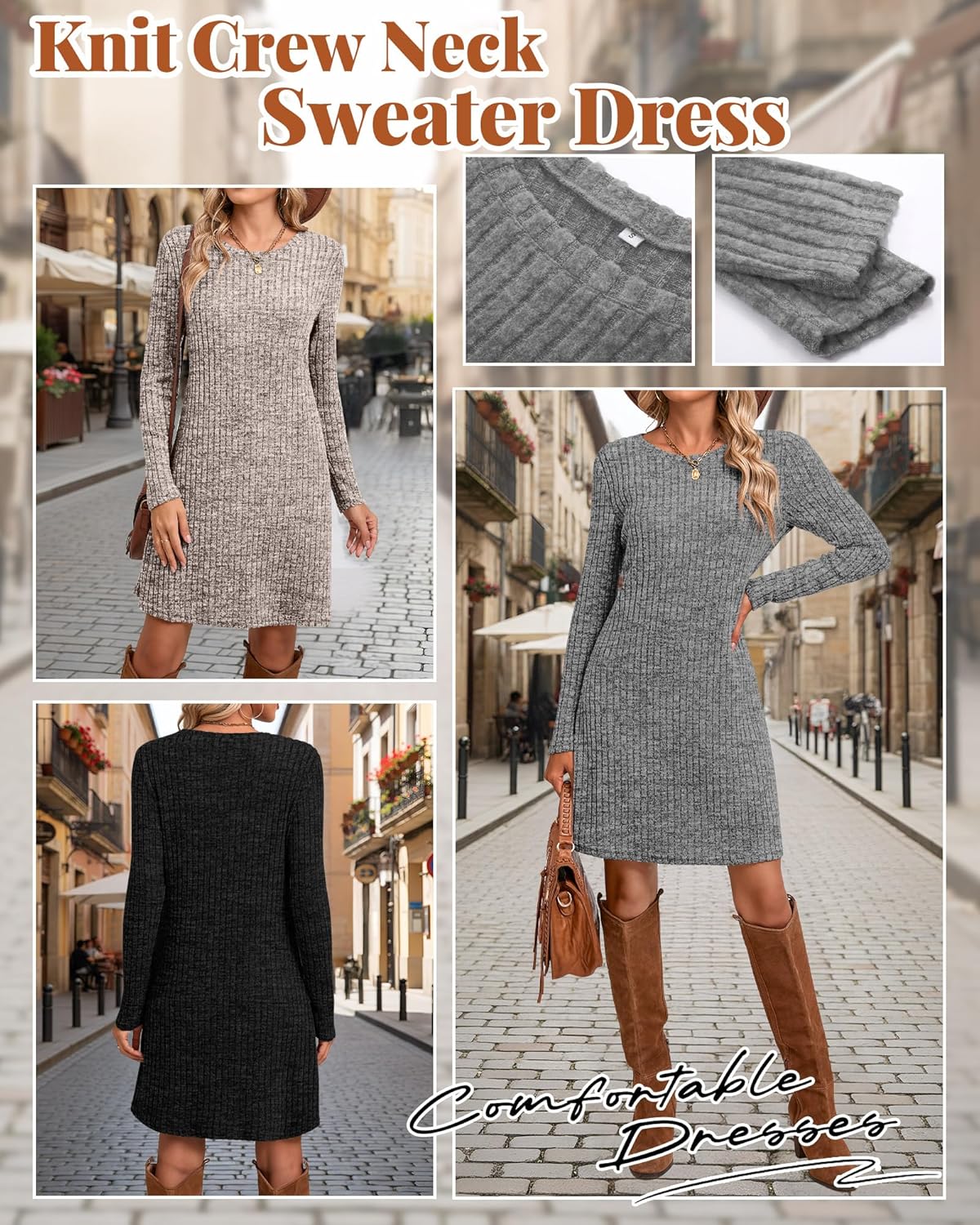 Riyiper 3 Pack Women's Long Sleeve Sweater Tunic Dresses - Loose Fitting Knit Crew Neck for Casual Fall Winter - Image 6