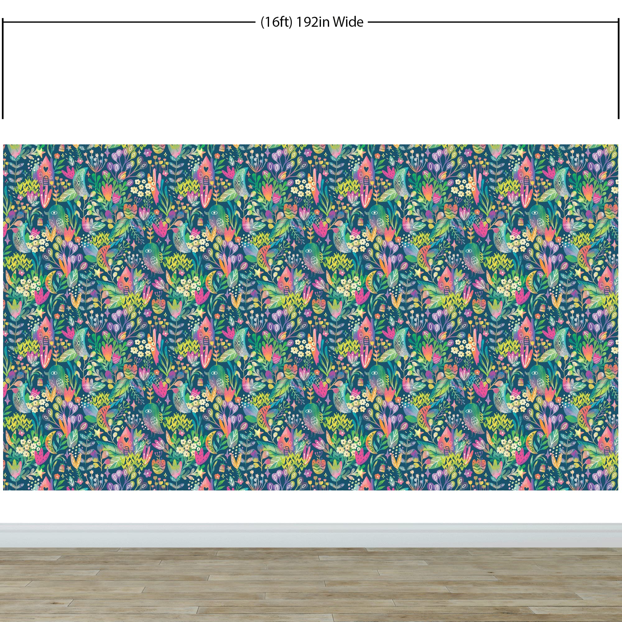 Colorful Flower Garden with Bird House Illustration Wall Mural. Lime Green Pattern Nursery, Bedroom, Kid’s Room Wall Decor. Peel and Stick Wallpaper. #6444 (9ft Tall X 16ft Wide)