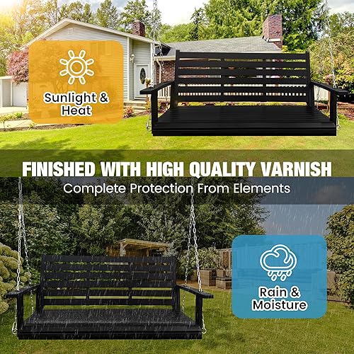 Miniatura 5 de Columpio de madera para porche, asiento ergonómico, columpio de banco con cadenas para colgar y resortes de 0.276 in, resistente, 880 libras, para