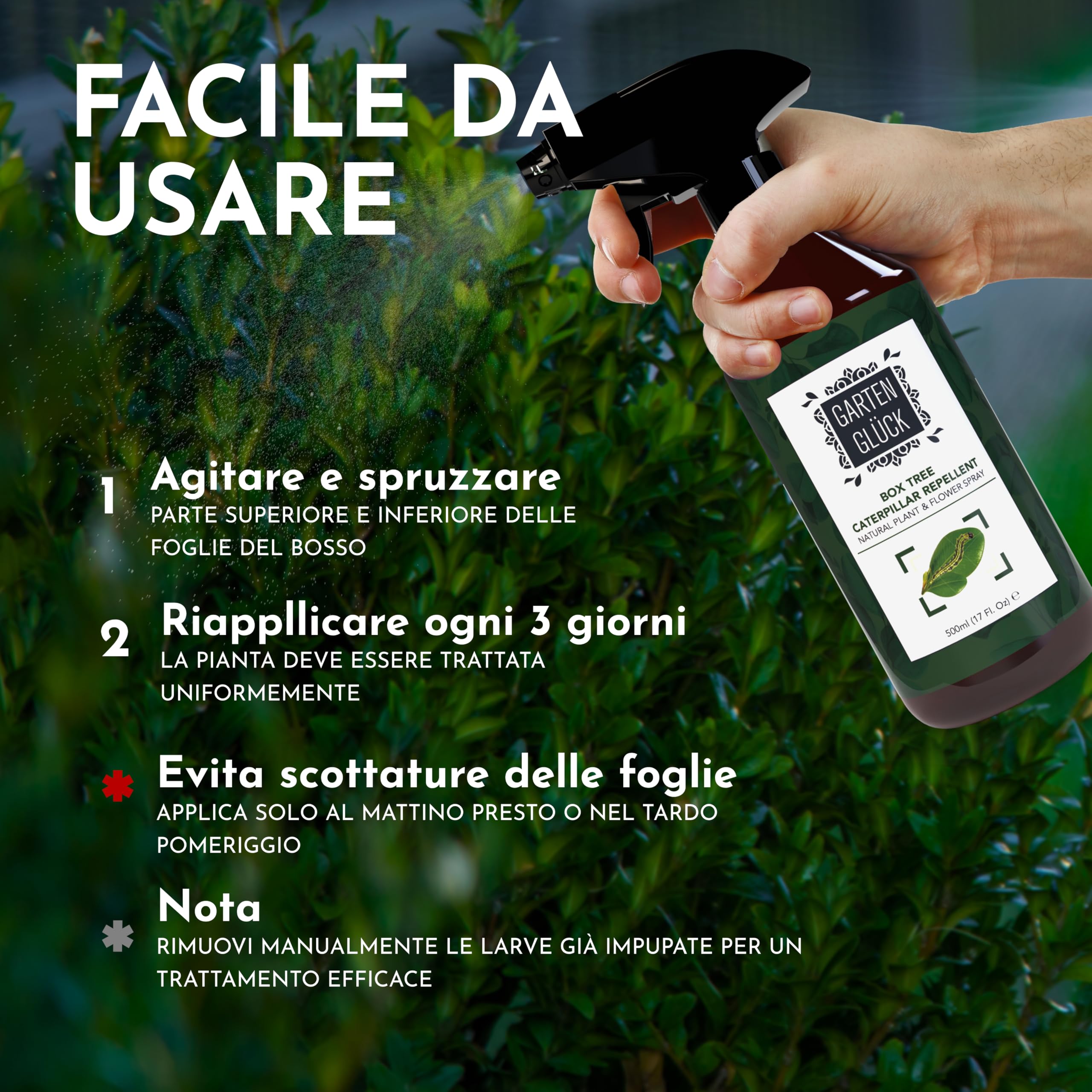 Spray Antiparassitario Piante -500ml- Contro Piralide del Bosso, Bruchi, Larve e Afidi - Protezione Naturale per Bosso, Siepi, Rose e Orto - Con Olio di Timo e Olio di Citronella