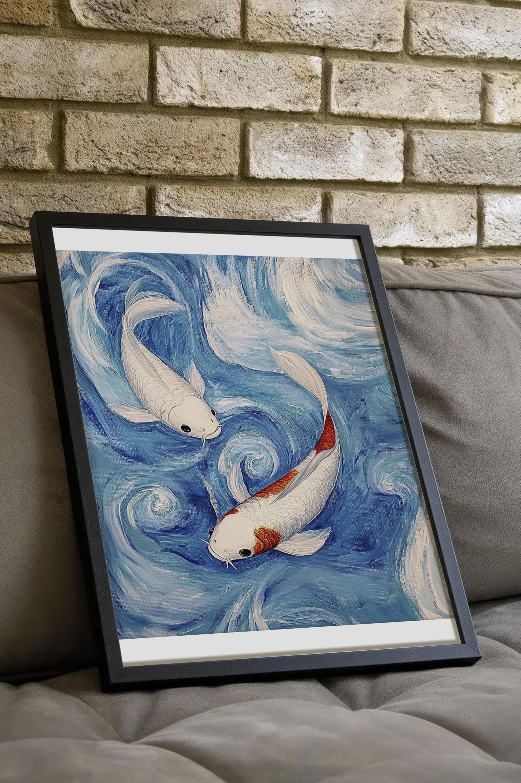 Zestia Siyah Çerçeveli Tablo, Koi Balıkları, Mavi Dalgalar, Japon Stil Poster No: 107335 50 x 70