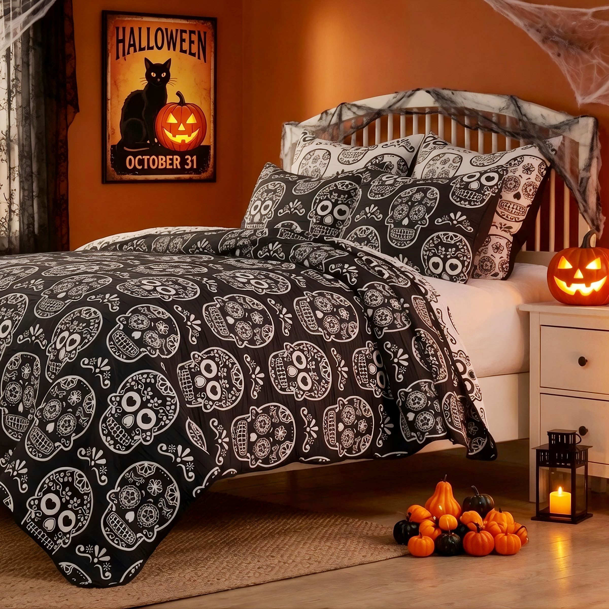 Greenland Home Fashions Novelty Halloween Reversible Coverlet Set, 2-Piece, Twin/Twin XL, Sugar Skull