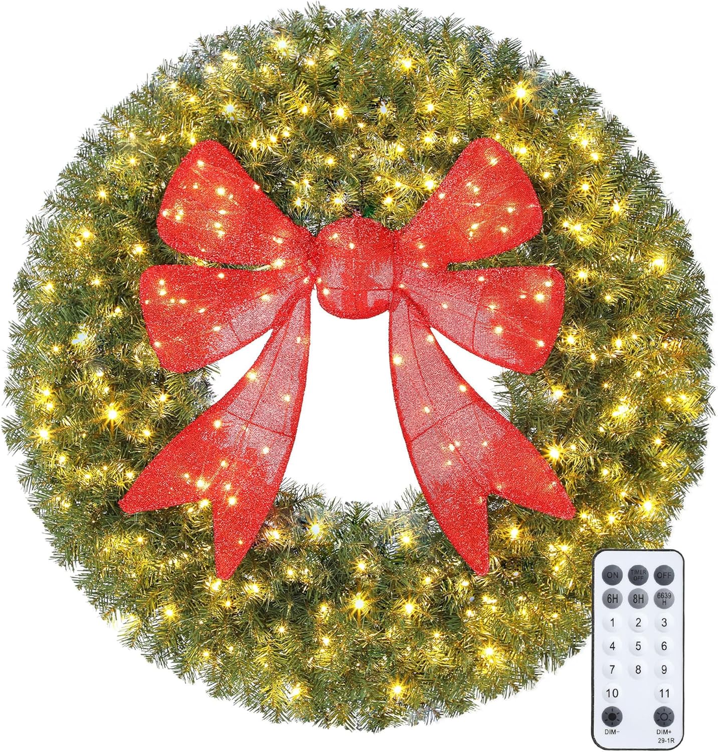 HOMCOM 48in Pre-Lit Artificial Christmas Wreath with 3D Red Bow, 11 Lighting Modes, Front Door Christmas Wreath with Remote, 200 LED Lights, 702 Tips for Indoor Outdoor Holiday Decoration