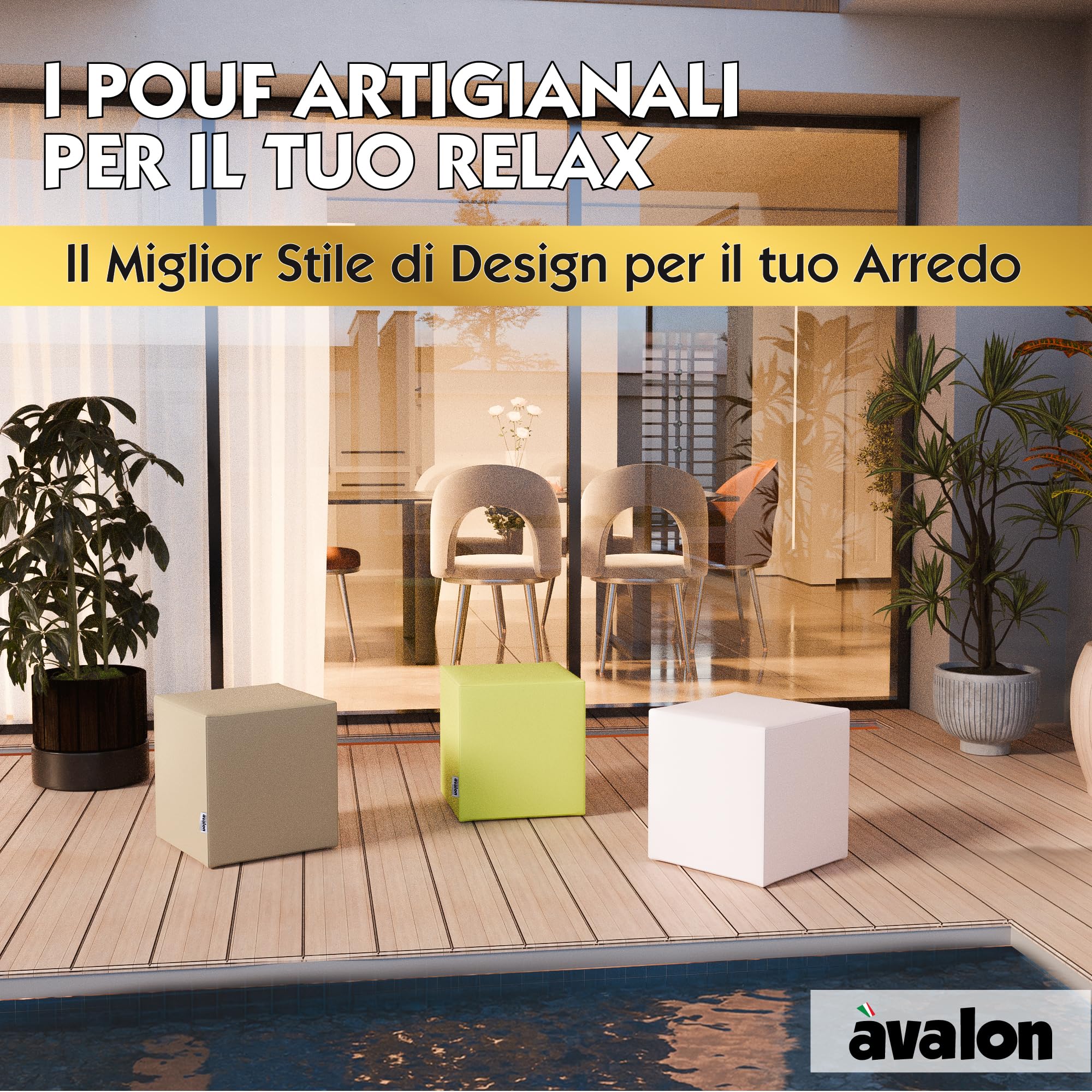 Avalon - Pouf Poggiapiedi Rigido CUBO Jazz in Ecopelle Deluxe, Puff Poggiapiedi Divano Quadrato, Pouffe per Interno ed Esterno, Comodo Impermeabile e Resistente, Made in Italy (40cm-Nero)