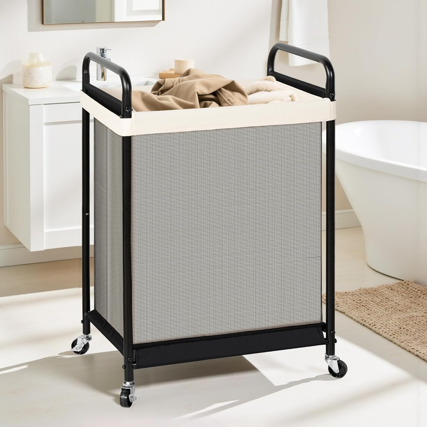 STO STO 120L Large Laundry Hamper with Wheels, Rolling Laundry Basket Cart with Removable Canvas Liner Bag, Lockable Wheels, Metal Frame, Dirty Clothes Hamper for Bedroom, Bathroom, Laundry Room