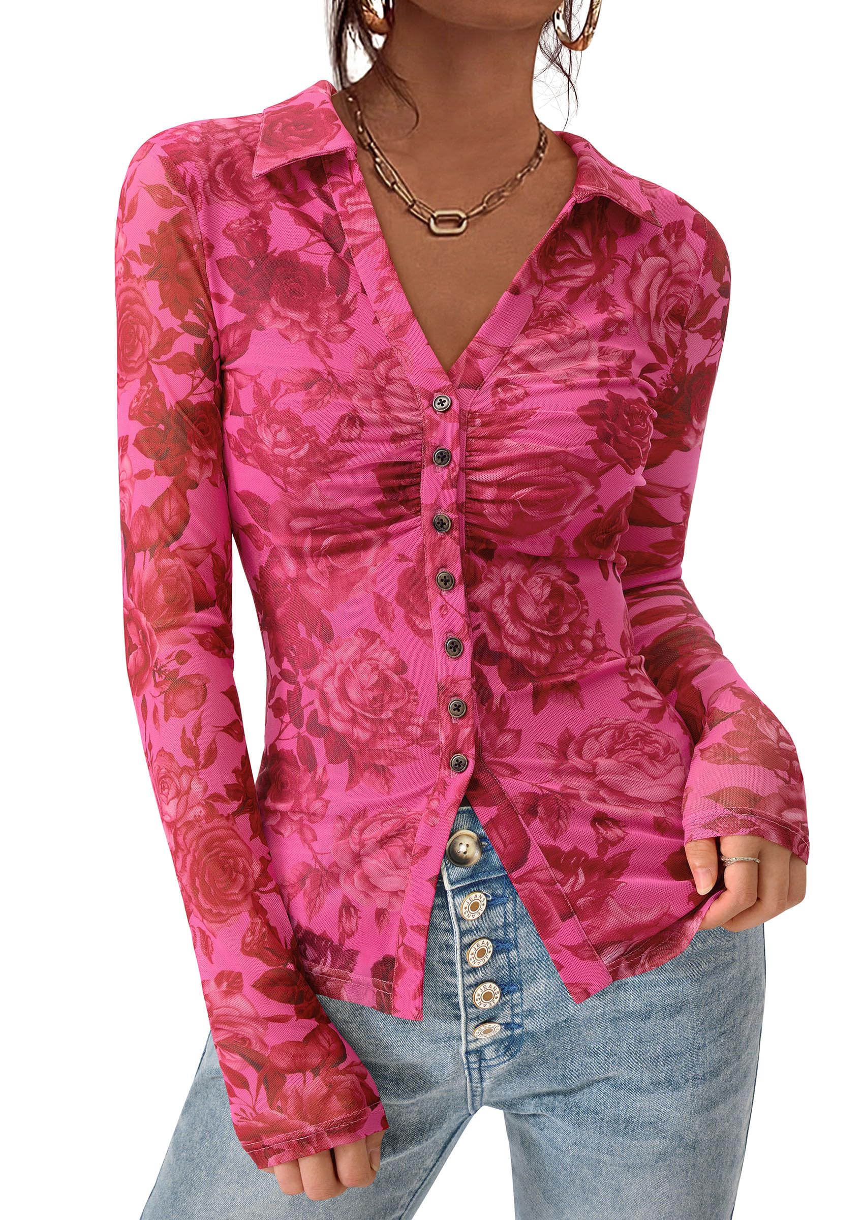 PRETTYGARDEN Women Button Down Floral Shirts 2026 Fall Trendy Long Sleeve V Neck Mesh Boho Blouse Spring Tops Date Outfits