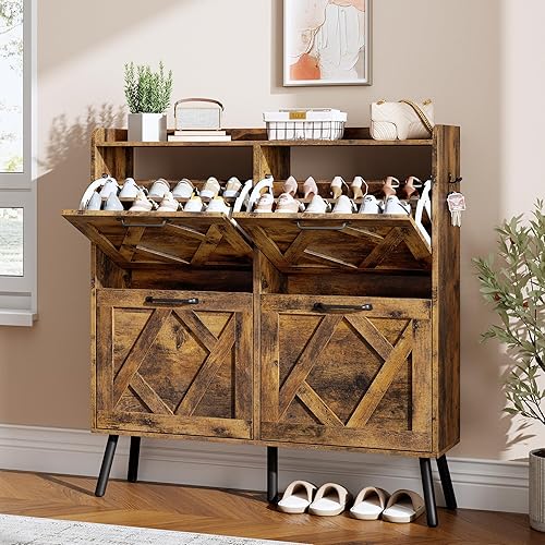 Miniatura 19 de Nicetree Armario de almacenamiento de zapatos con 2 cajones abatibles, organizador de zapatos independiente, armario de zapatos con patas de metal