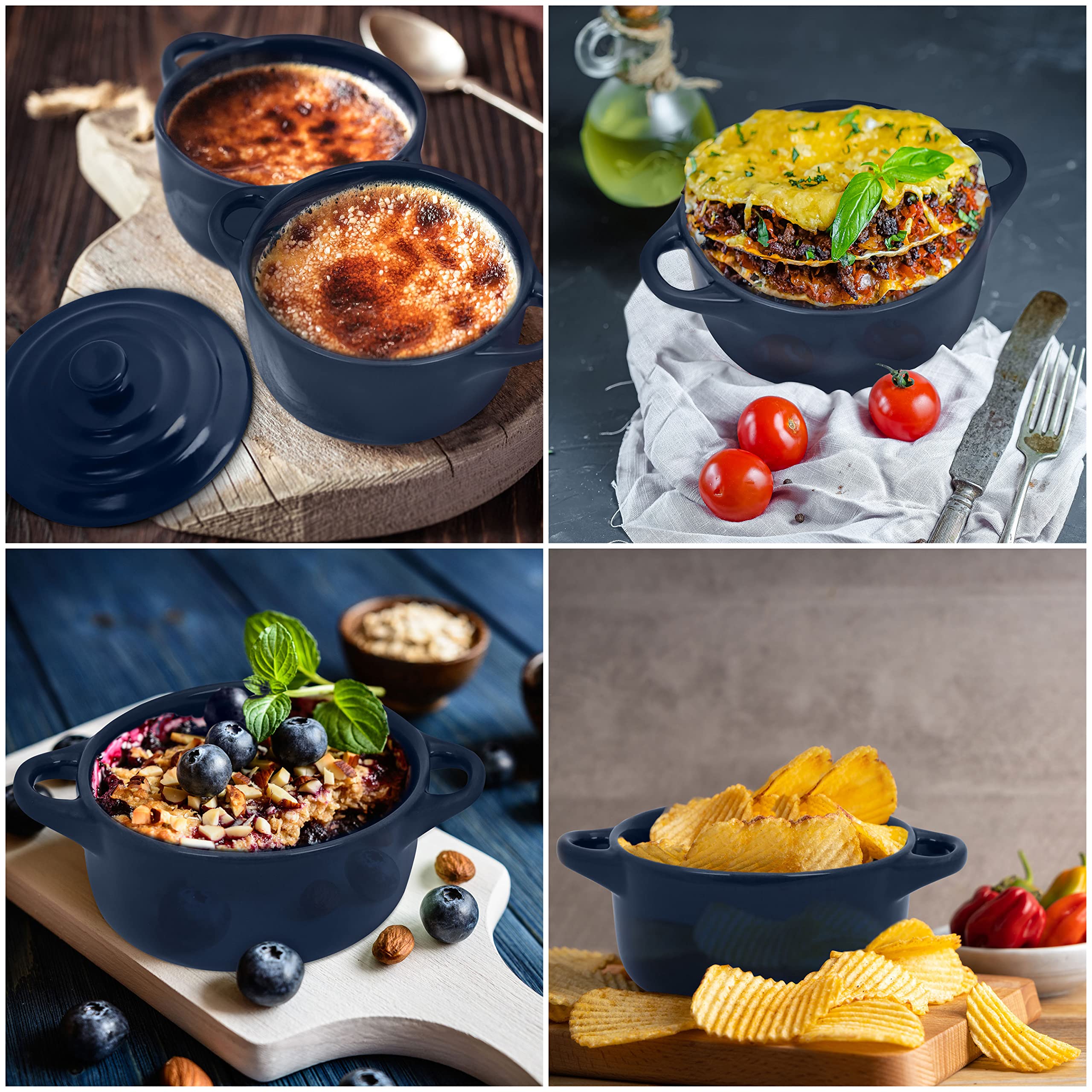 Belle Vous Mini Cazuelas de Cocina de Cerámica - Set Cacerola Horno con Tapa (Pack de 4) Cazo Pequeño de 170 ml Redondo Azul Marino - Ramekin con Tapa y Asa para Hornear, Suflé y Creme Brulee