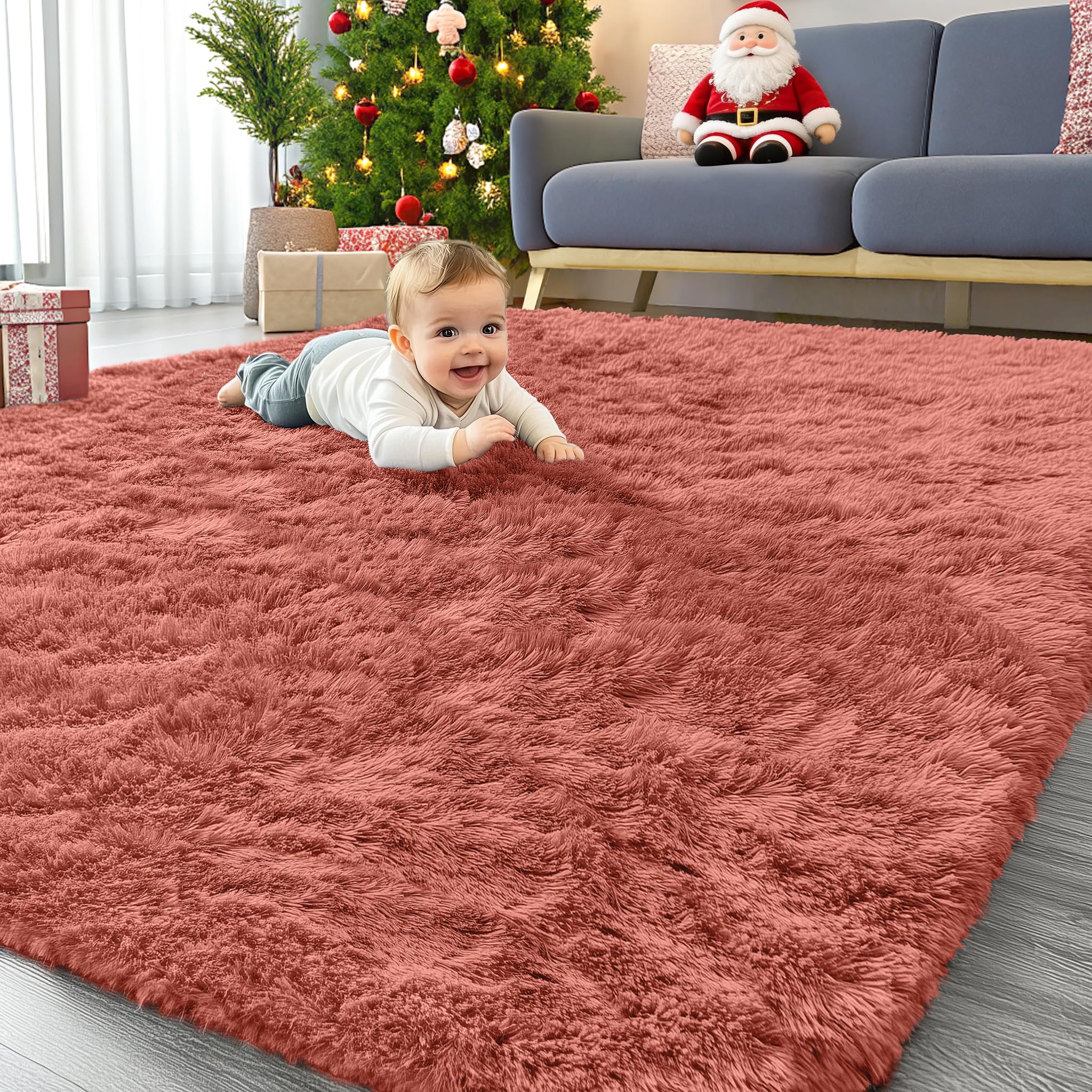 Homaxy Fluffy Shaggy Rugs Living Room, Large Anti Slip Carpet, Machine Washable Soft Thick Pile Bedside Rug for Kids Bedroom, Nursery - Terracotta, 200 x 280 cm
