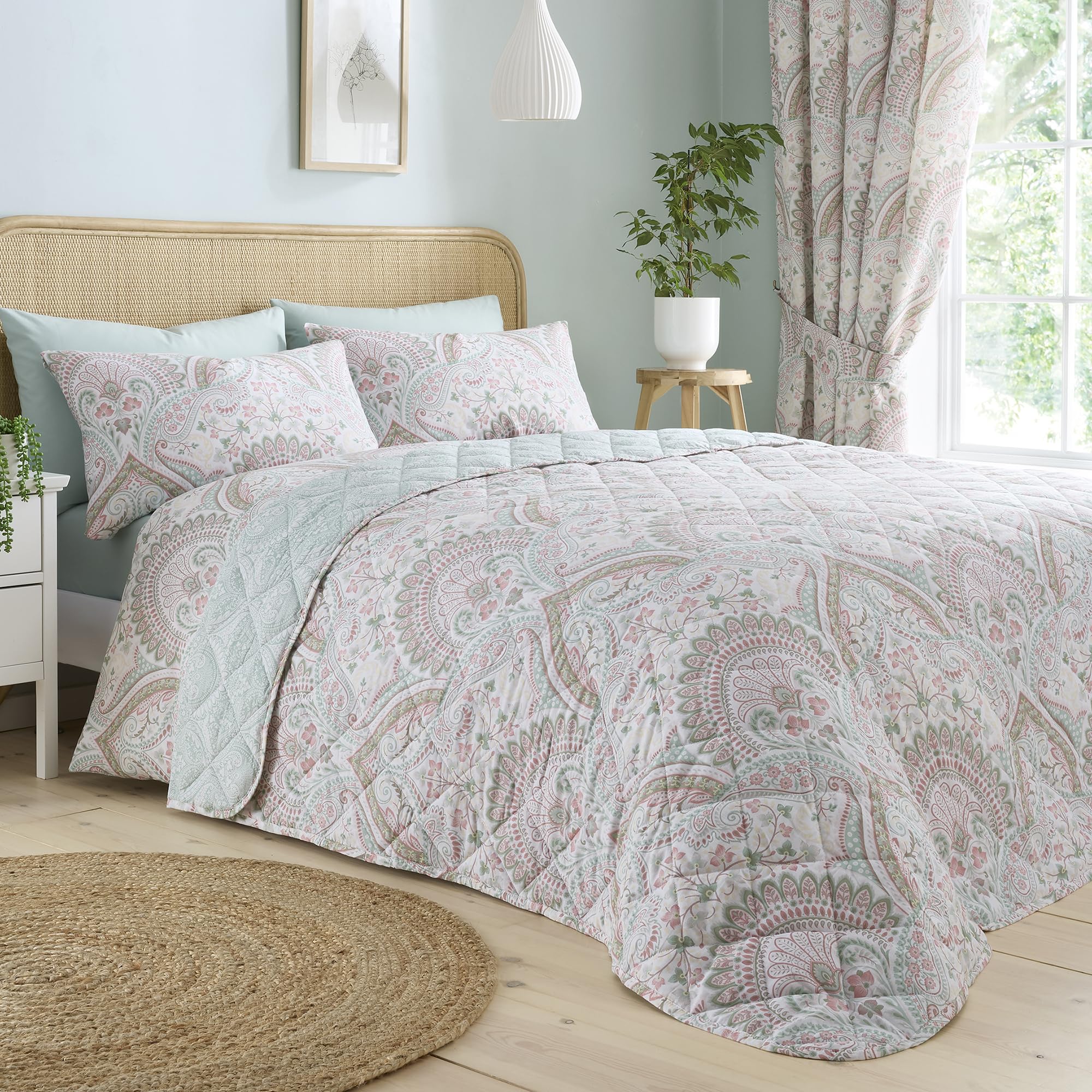 Dreams & Drapes 'Palais' Jacobean Damask Quilted Bedspread - Wine/Teal - 230 x 195cm