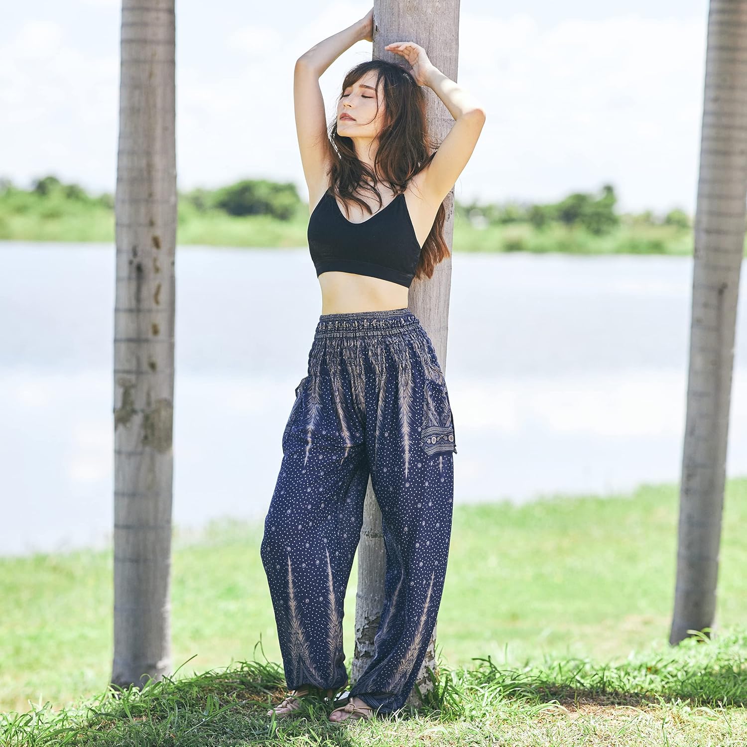 Lannaclothesdesign Women's Smocked Waist Boho Flowy Yoga Harem Pants Hippie Clothes - Image 5