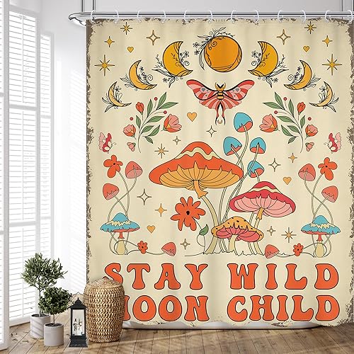 Cortina de ducha retro de 60 pulgadas de ancho x 72 pulgadas de largo, estilo bohemio de los años 70, estilo hippie, polilla rústica, vintage,