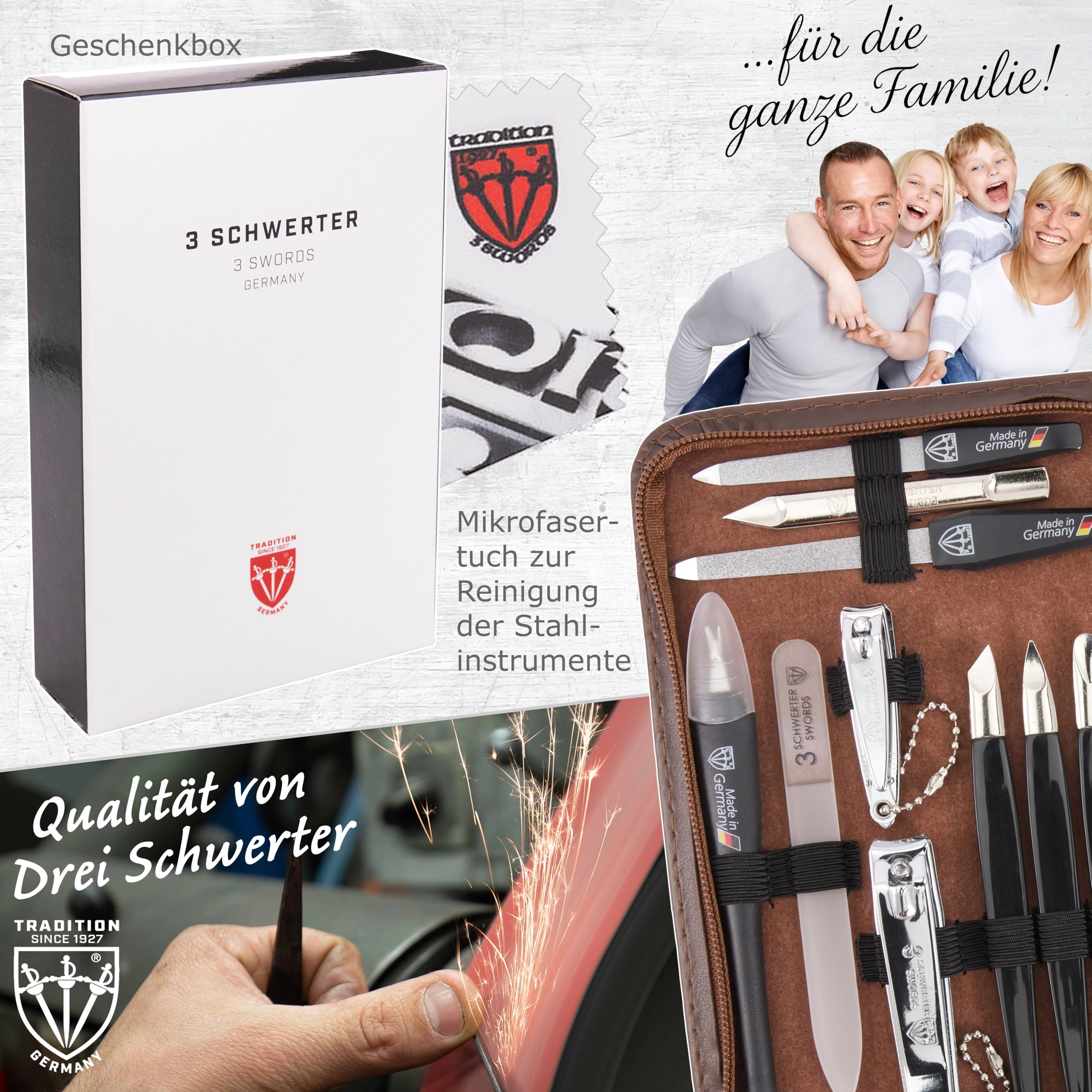 Drei Schwerter - Exclusivo juego de manicura y pedicura de 16 utensilios – Juego para el cuidado de las uñas/funda, fabricado en Alemania, varios diseños