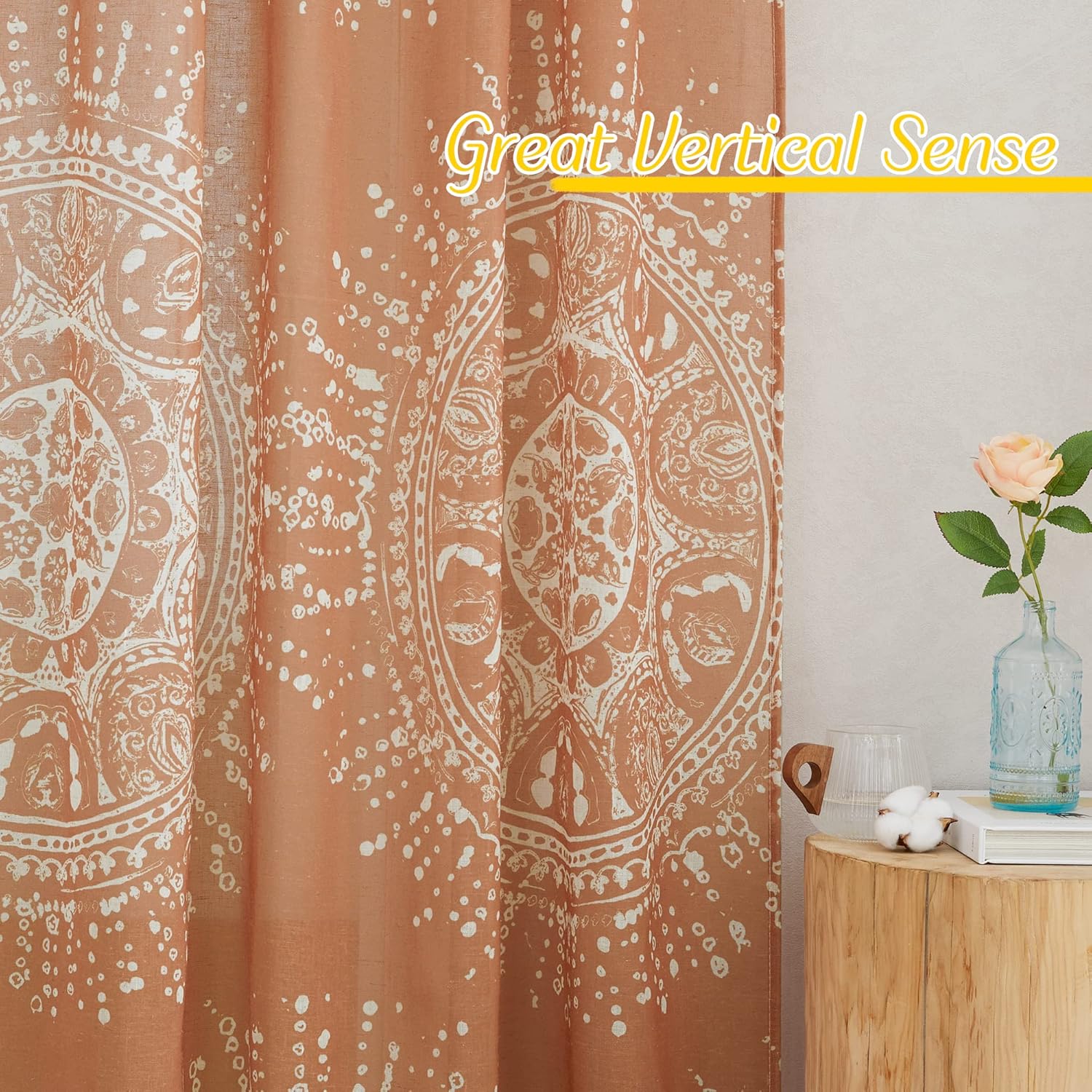 NICETOWN Semi Sheer Terracotta Boho-Chic Linen Curtains 84 inches Long, Rod Pocket Medallion Privacy with Light Filtering Bohemian Drapes for Living Room/Farmhouse, W52 x L84, 2 Panels