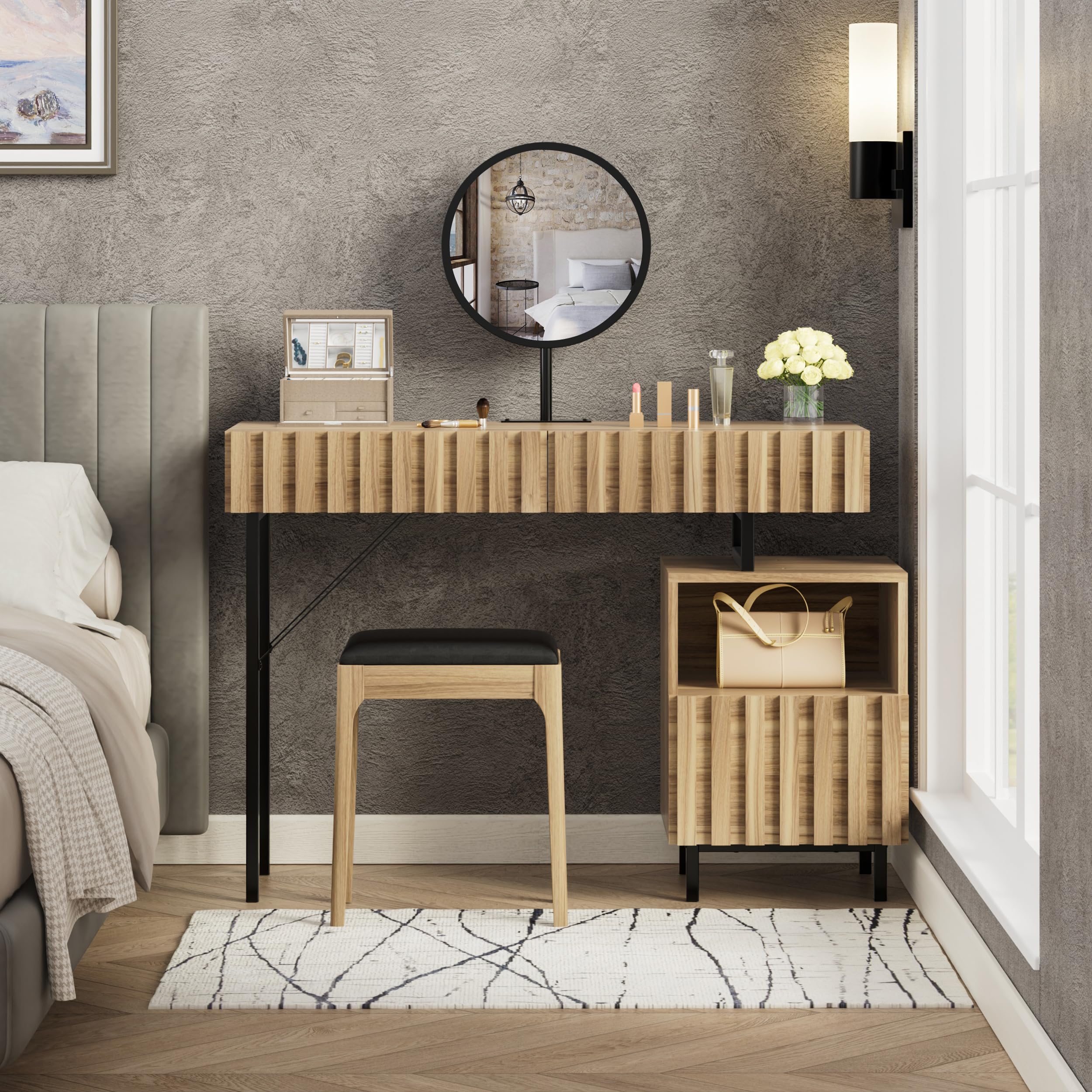 UEV Wood Vanity Desk with Mirror,Makeup Vanity Set with Drawer Chest,Vanity Dressing Table Makeup Desk Set with Storage Space for Bedroom(Wood)