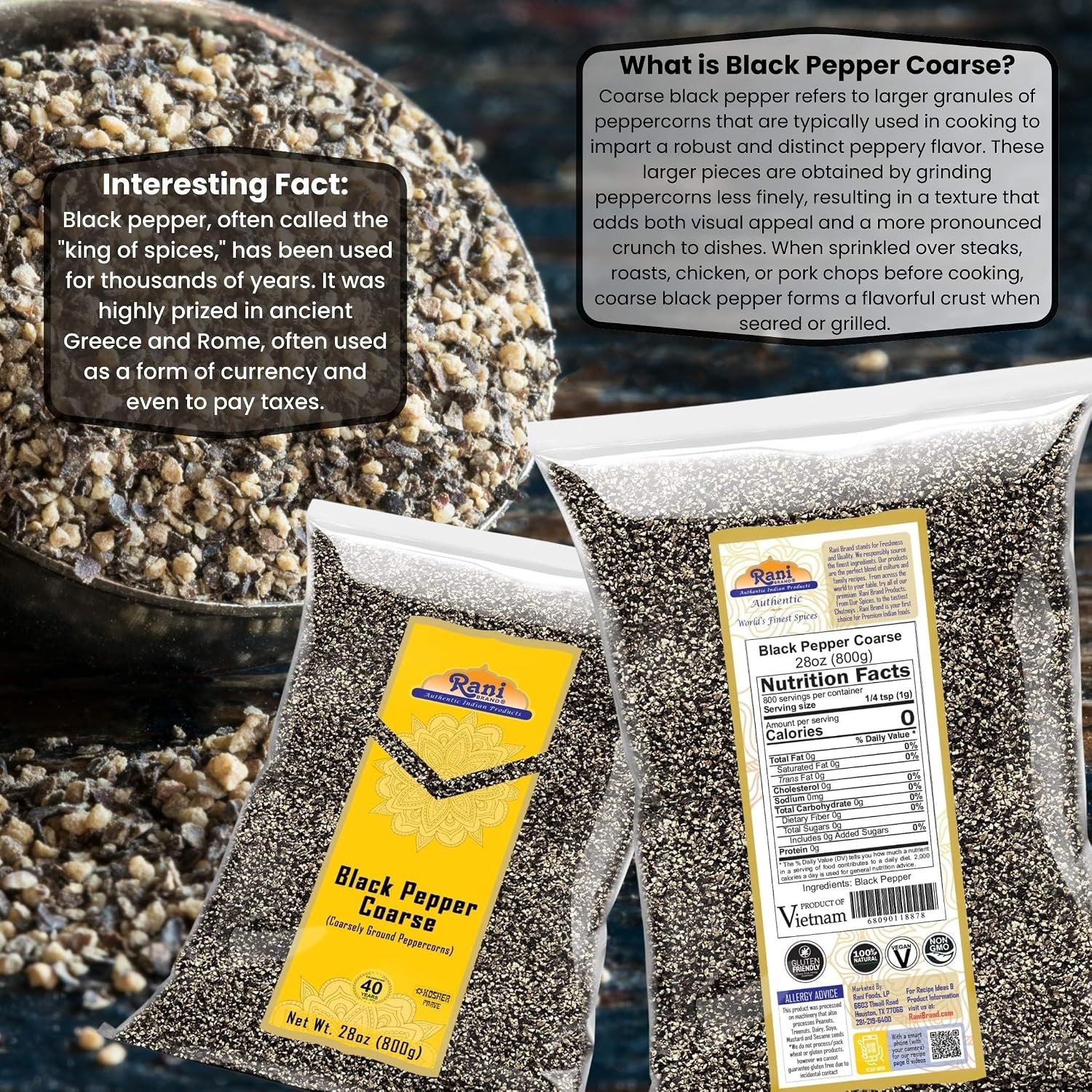 Rani Black Pepper Coarse Ground 28 Mesh (Table Grind) 28oz (1.75lbs) 800g ~ All Natural | Vegan | Gluten Friendly | NON-GMO | Kosher | Product of Vietnam image 5