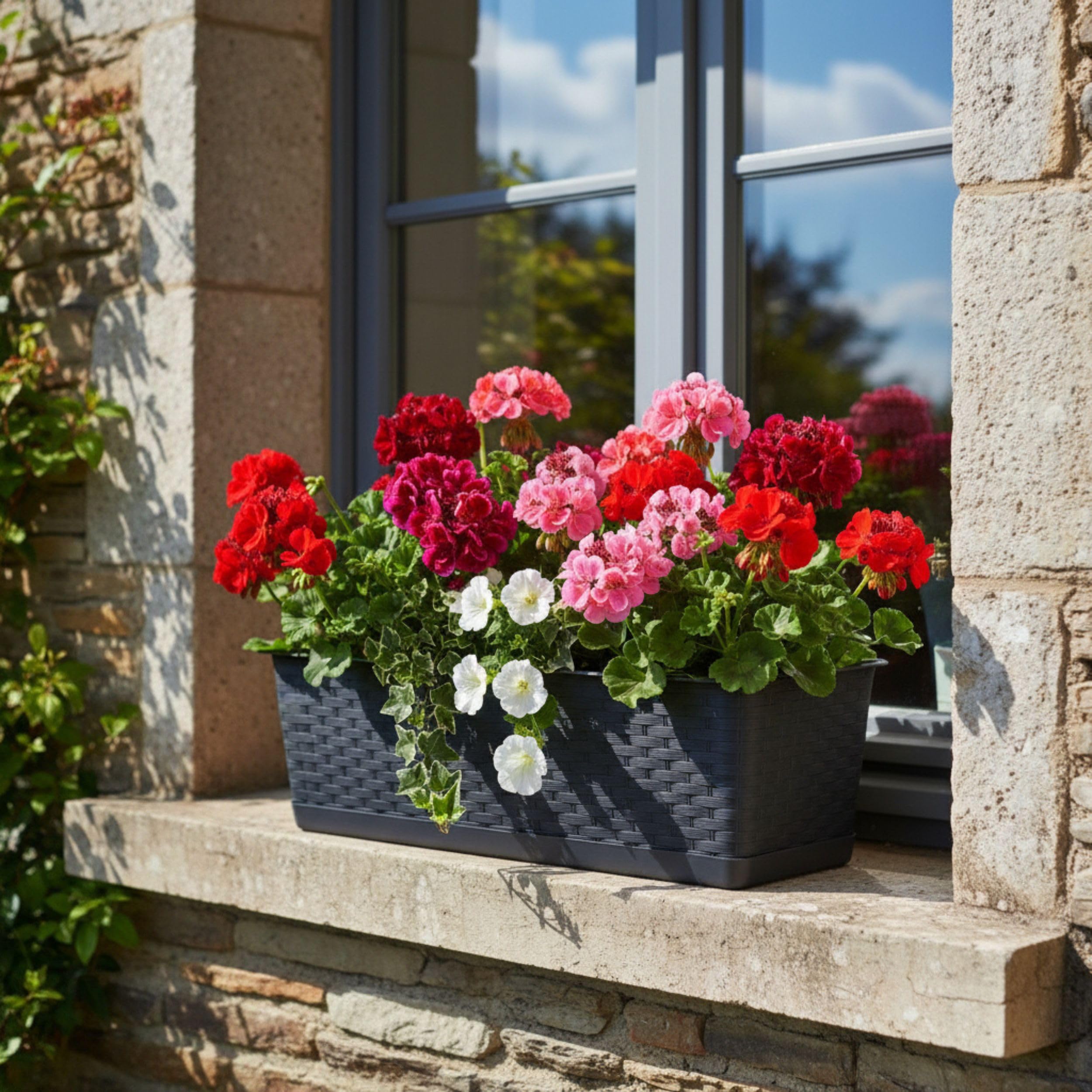 Blumenkasten Balkon 49x17x15 cm mit Untersetzer | Pflanzentopf in  Rattanoptik, langlebig und wetterfest | Blumentpfe fr Fensterbank,  Terrasse und Indoor | Pflanzkbel stilvoll gestaltet | Anthrazit:  Amazon.de: Garten