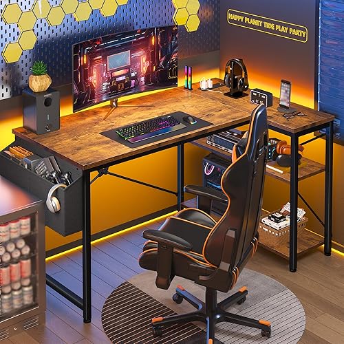 EnHomee 48 Inch Gaming Desk with Storage, Computer Desk with Power Outlets, Home Office Desks for Study Writing, Rustic Brown