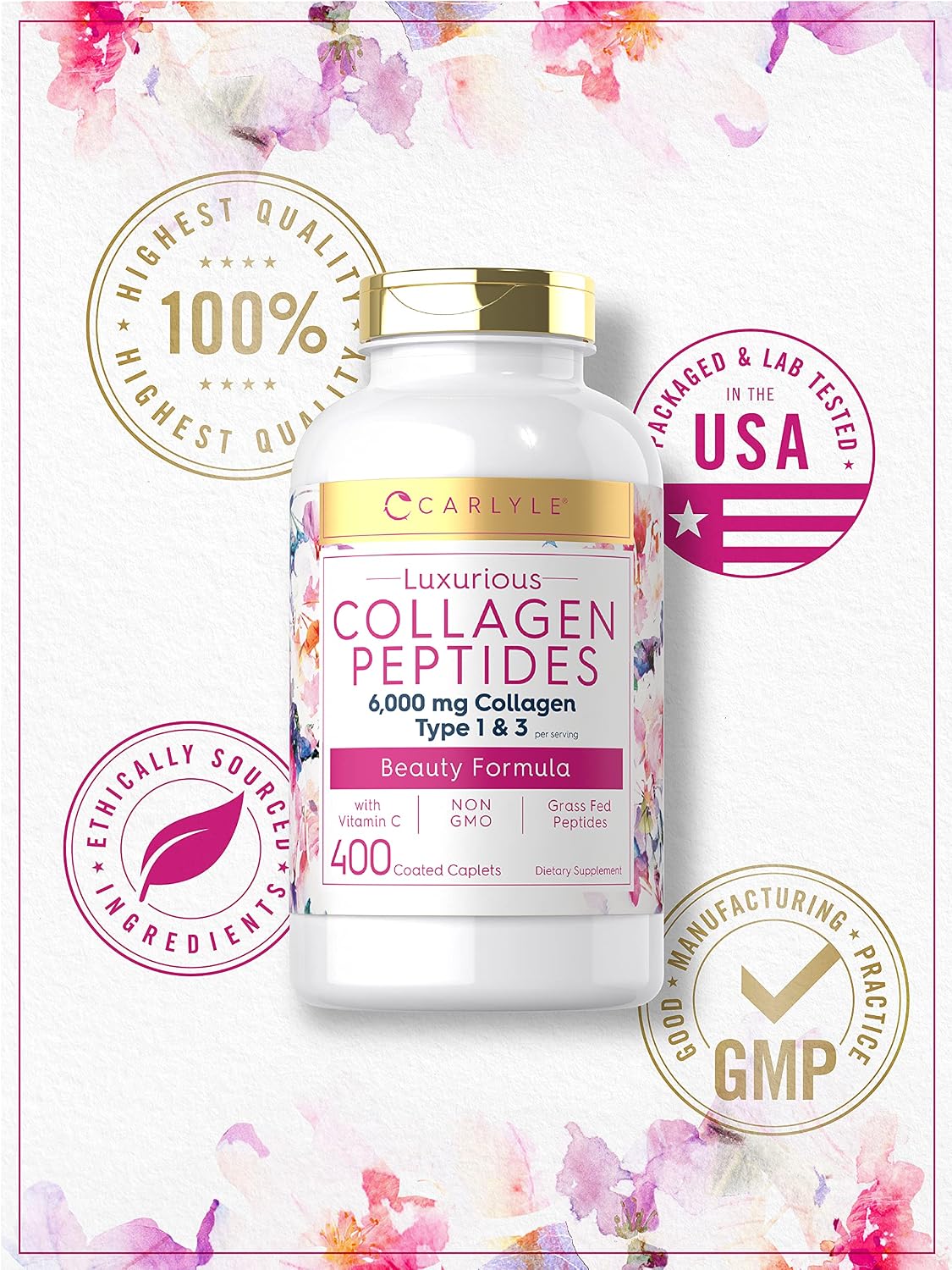 Carlyle Collagen Peptides 6000mg | 400 Capsules | with Vitamin C | Type 1 and 3 | Non-GMO, Gluten Free, Grass Fed Supplement