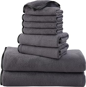 Cosy Family Microfiber 8-Piece Towel Set, 2 Bath Towels, 2 Hand Towels, and 4 Wash Cloths, Ultra Soft Highly Absorbent Towels for Bathroom, Gym, Hotel, Beach and Spa Dark Grey