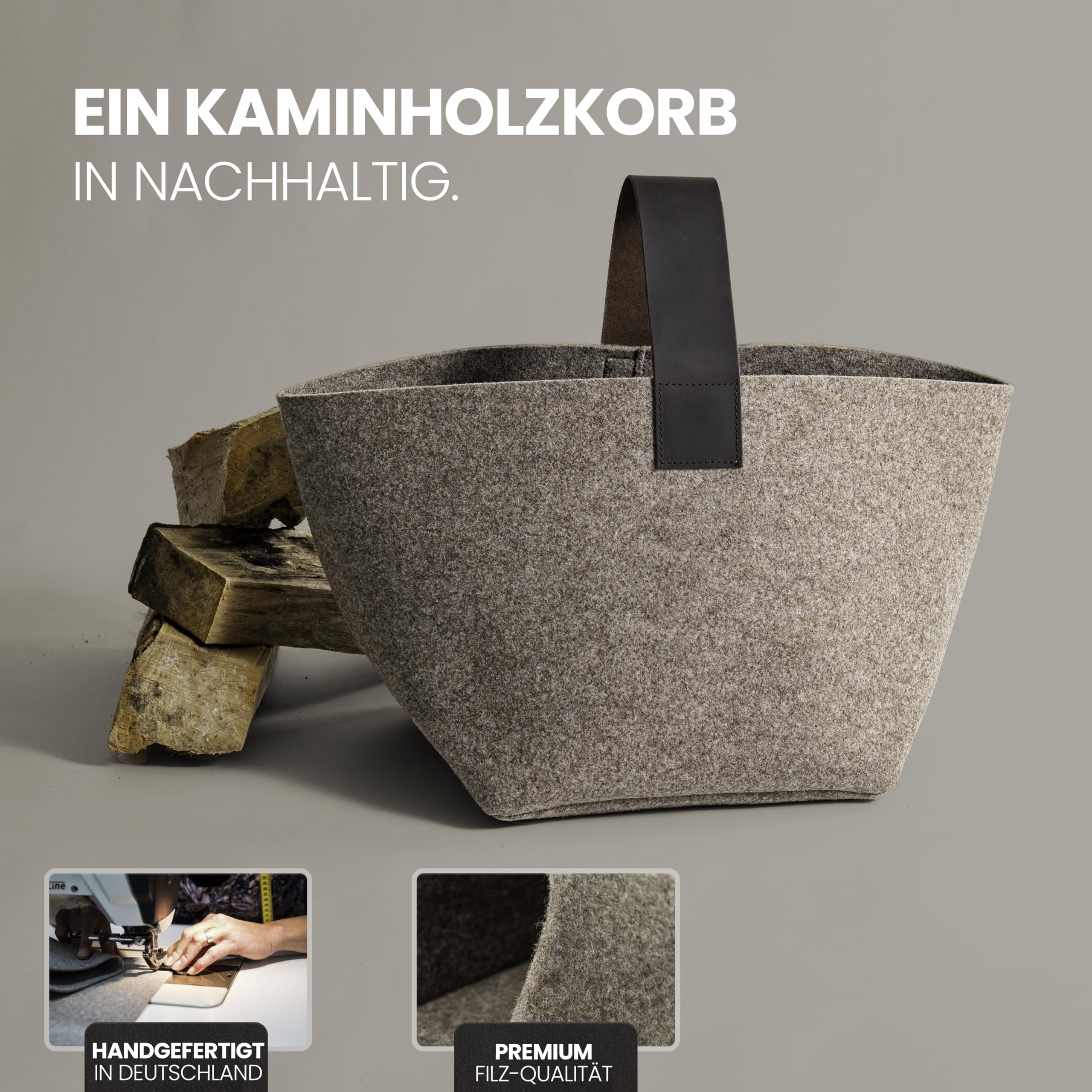 Panier à bois de cheminée en feutre Designer 40L Fabriqué en Allemagne Beige