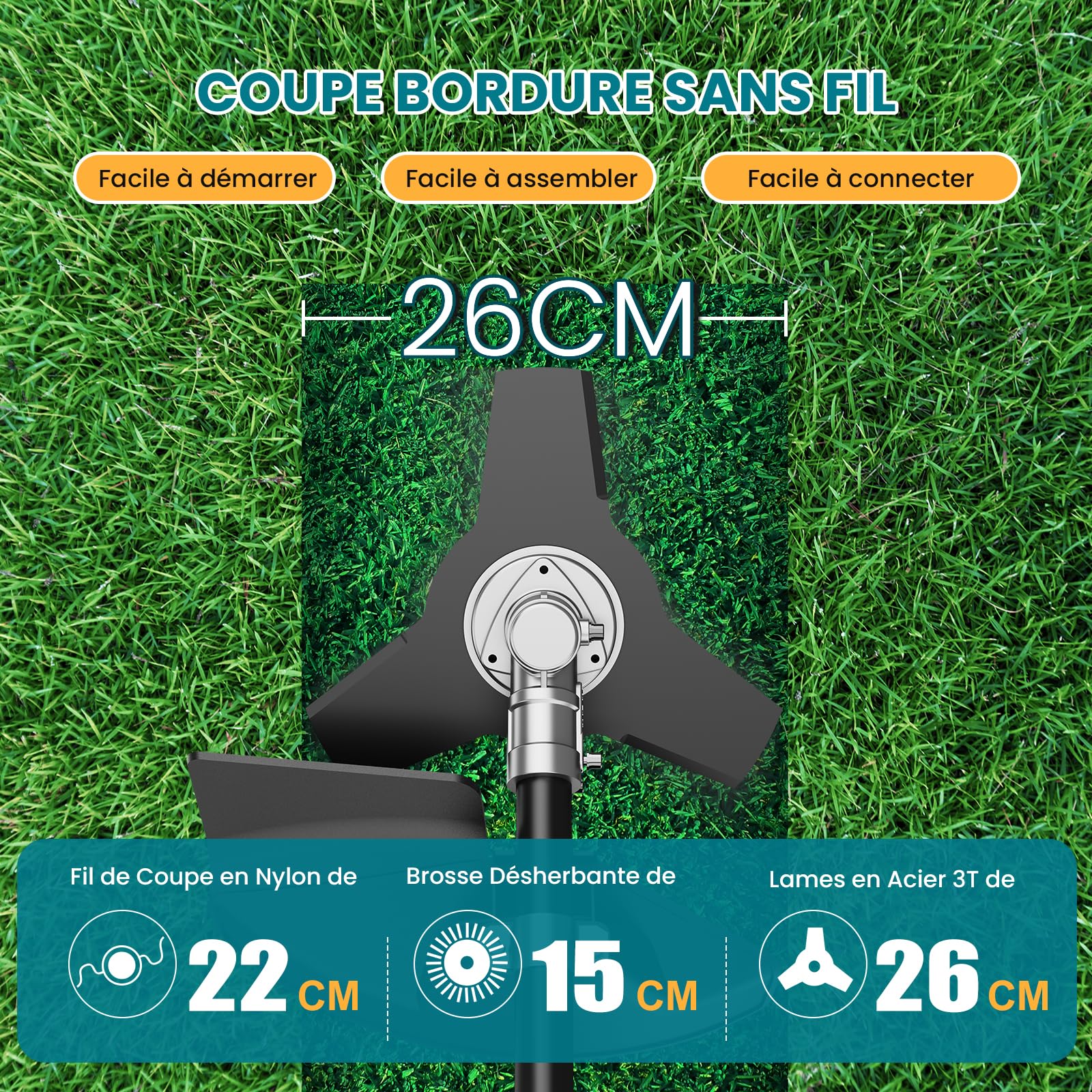 Debroussailleuse Electrique sans Fil, Coupe Bordure 26 cm avec Moteur Avant Brushless, 2 x 5200mAh, 8000/12000 TR/Min, 3 Lames, Manche Réglable et Poignée en D, pour Pelouse, Bordures, Jardin