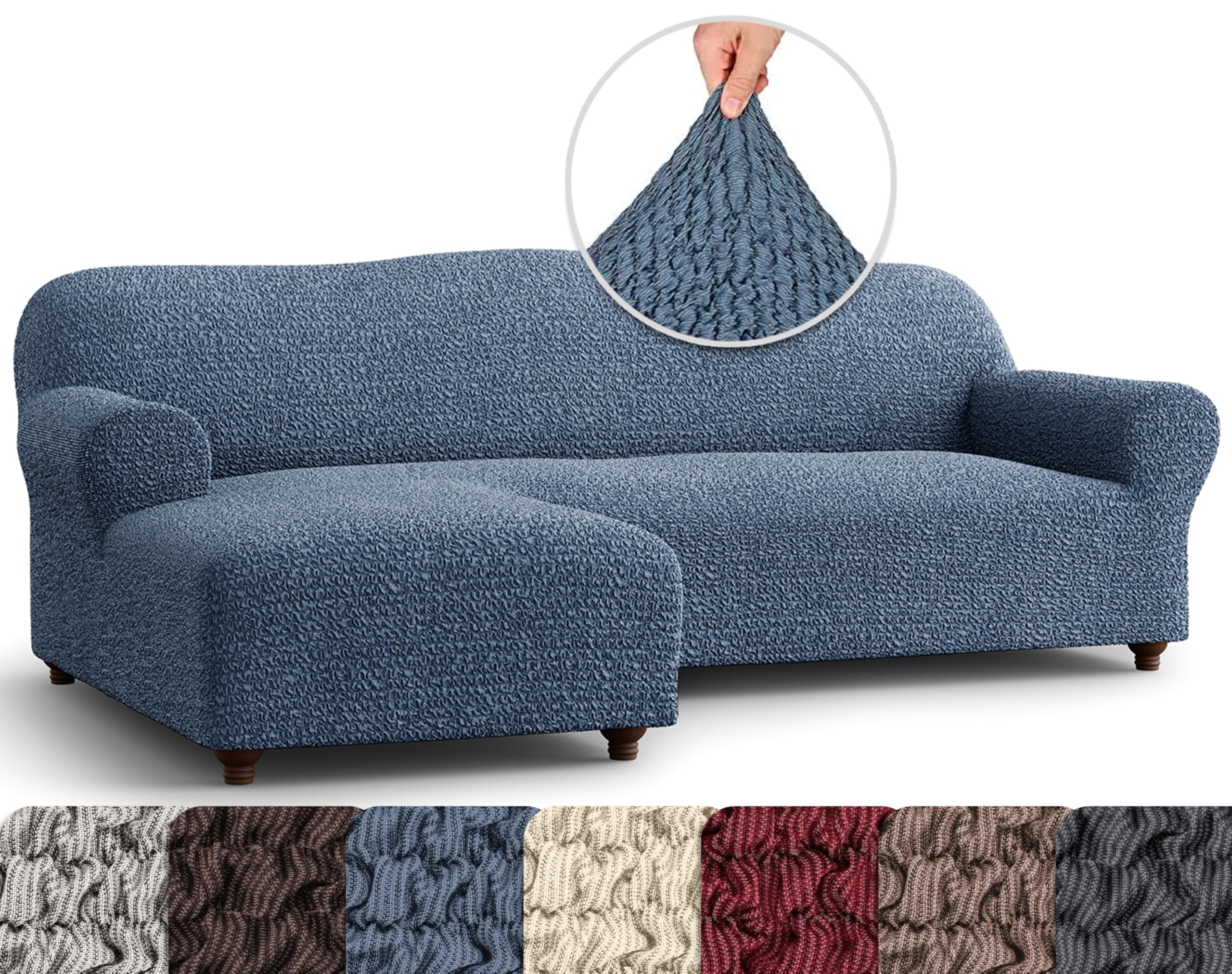 PAULATO BY GA.I.CO. Sectional Couch Cover - Chaise L-Shape Sofa Slipcover - Washable Corner Couch Covers - 1-Piece Form Fit Stretch Cover - Mille Righe - Blue (Left-Facing Chaise)