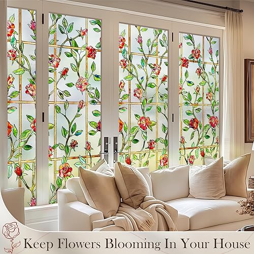 Miniatura 22 de Película para ventana de vitral, película de privacidad para ventana, esmerilada, floral, 3D, decorativa, estática, bloqueo de calor, tinte