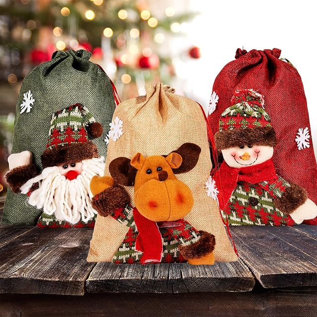 Whaline Christmas Jute Burlap Bags with Drawstring Large Candy Pouch Bags, 8 x 11in, Reusable Gift Sack Goodie Bags for Party Treat Favor Supplies 3 Pack