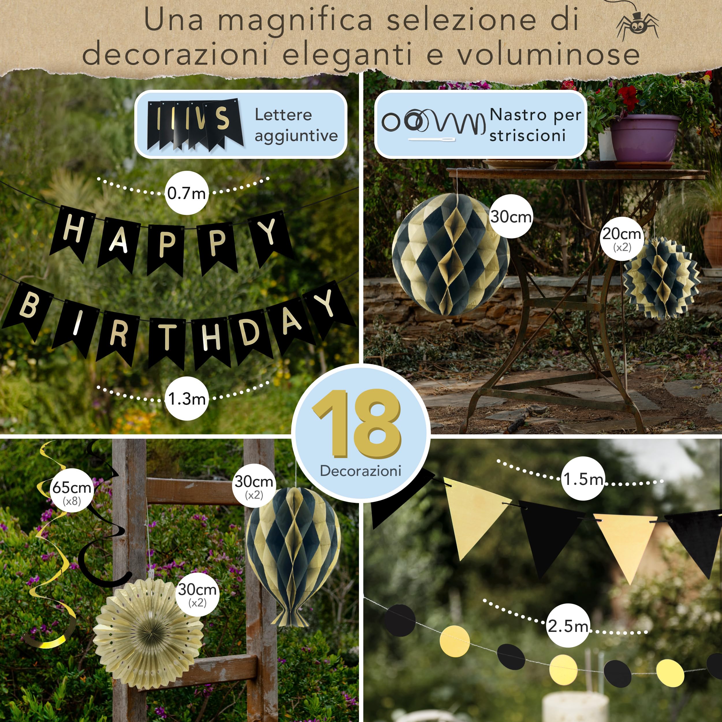 ALLFUN Decorazioni Compleanno Nero E Oro – Set Con Striscione, Pompon Di Carta, Ghirlanda E Spirali, Per Feste Uomo E Donna - 3