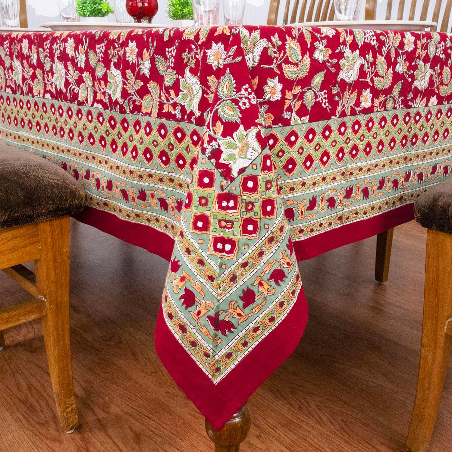 60x90 Inches Rectangle Hand Block Printed Cotton Tablecloth, Red Green Floral Table Cloths Washable, Indian Table Linen for Valentine Thanksgiving Gifts Dinning Home Decor Outdoor