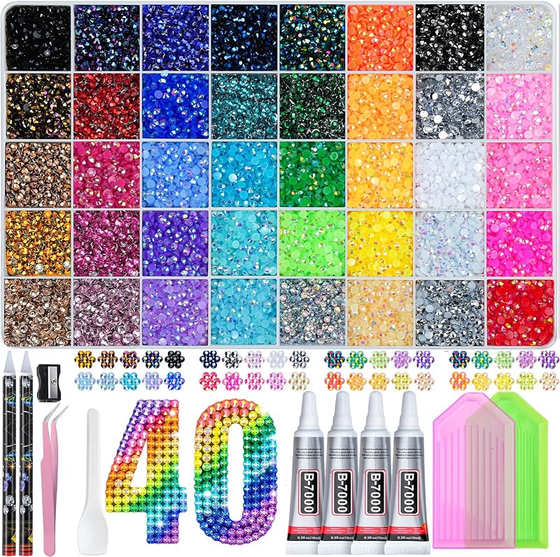 50000Pcs Bedazzling Kit with Rhinestones 3mm, 40 Colors Bedazzler Kit Resin Rhinestones Nail Gems & Glitter Gem Art Supplies, Diamond Art Kits Accessories with Pickup Pen, 4pcs 10ml B7000 Glue