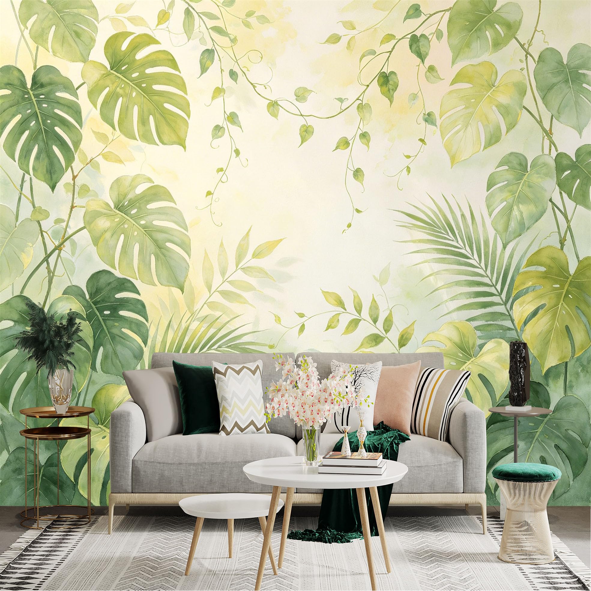 Lnzczhyre Dbh260521712 Custom Size Wall Sticker Mural， Watercolor Green Tropical Leaves， Lush Jungle Foliage， Aesthetic Botanical Theme， For Wall Decoration， Peelandstick Wall Decals.