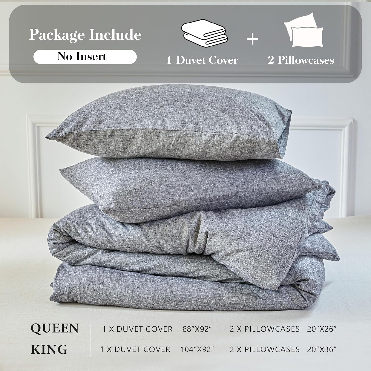 Simple&Opulence Linen Duvet Cover Set Queen Size - French Linen Cotton Woven Blend in Dark Grey, 3 Pieces (1 Comforter Cover 88x92” + 2 Pillowcases), Soft & Breathable All-Season Farmhouse Bedding
