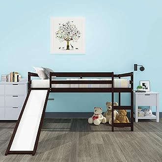 Multifunctional Design Solid Wood Twin Kids Loft Bed with Slide for Boys & Girls Bedroom (Espresso)