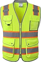 Vista 38 de JKSafety - Chaleco de seguridad azul con cremallera frontal de alta visibilidad, 9 bolsillos, azul con tiras reflectantes de doble tono, estándares