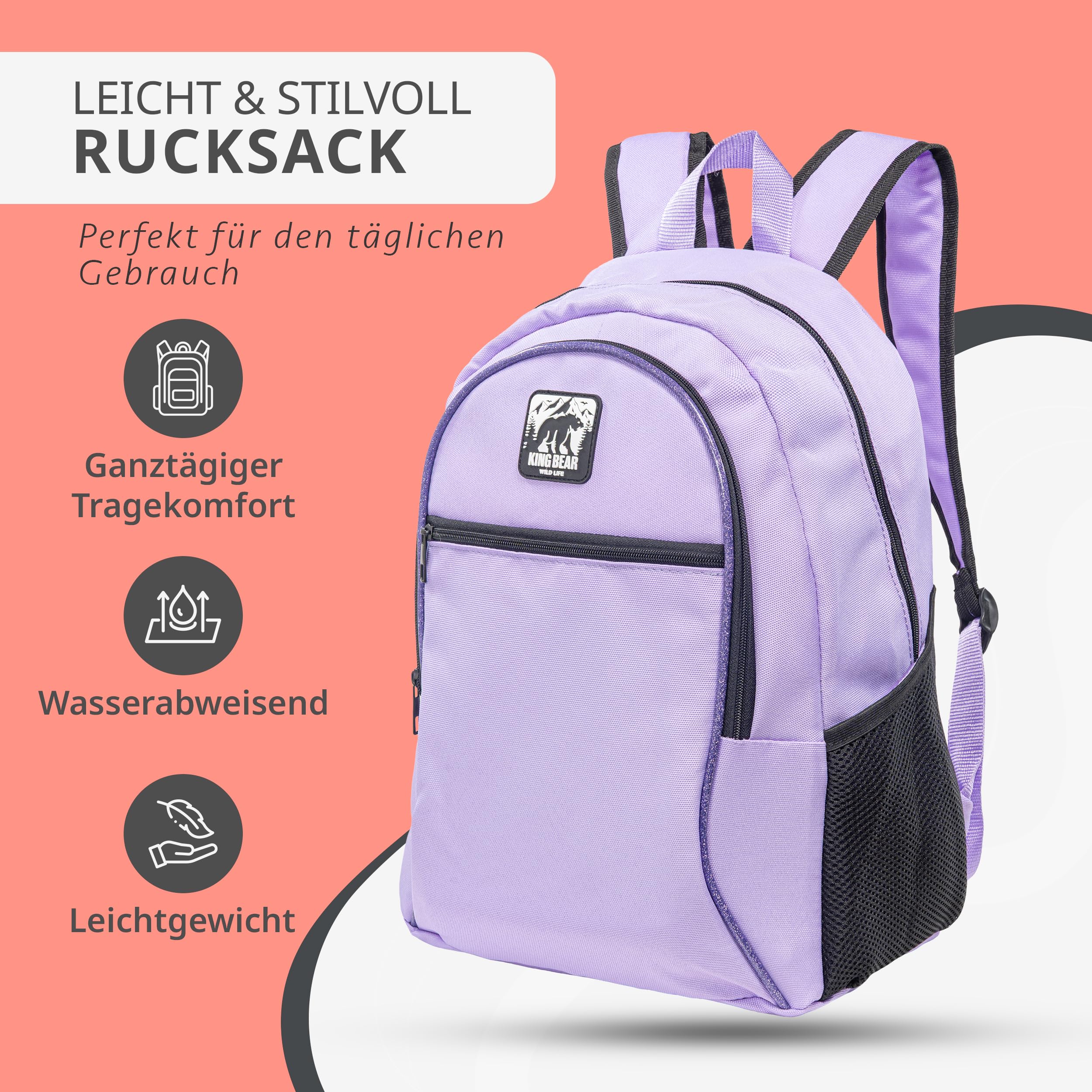 King Bear WL | Kinder Schulrucksack für Jungen Mädchen | 20 L Volumen | 3 Fächer für Grundschule & Weiterführende Schule | Wasserabweisend | Tagesrucksack