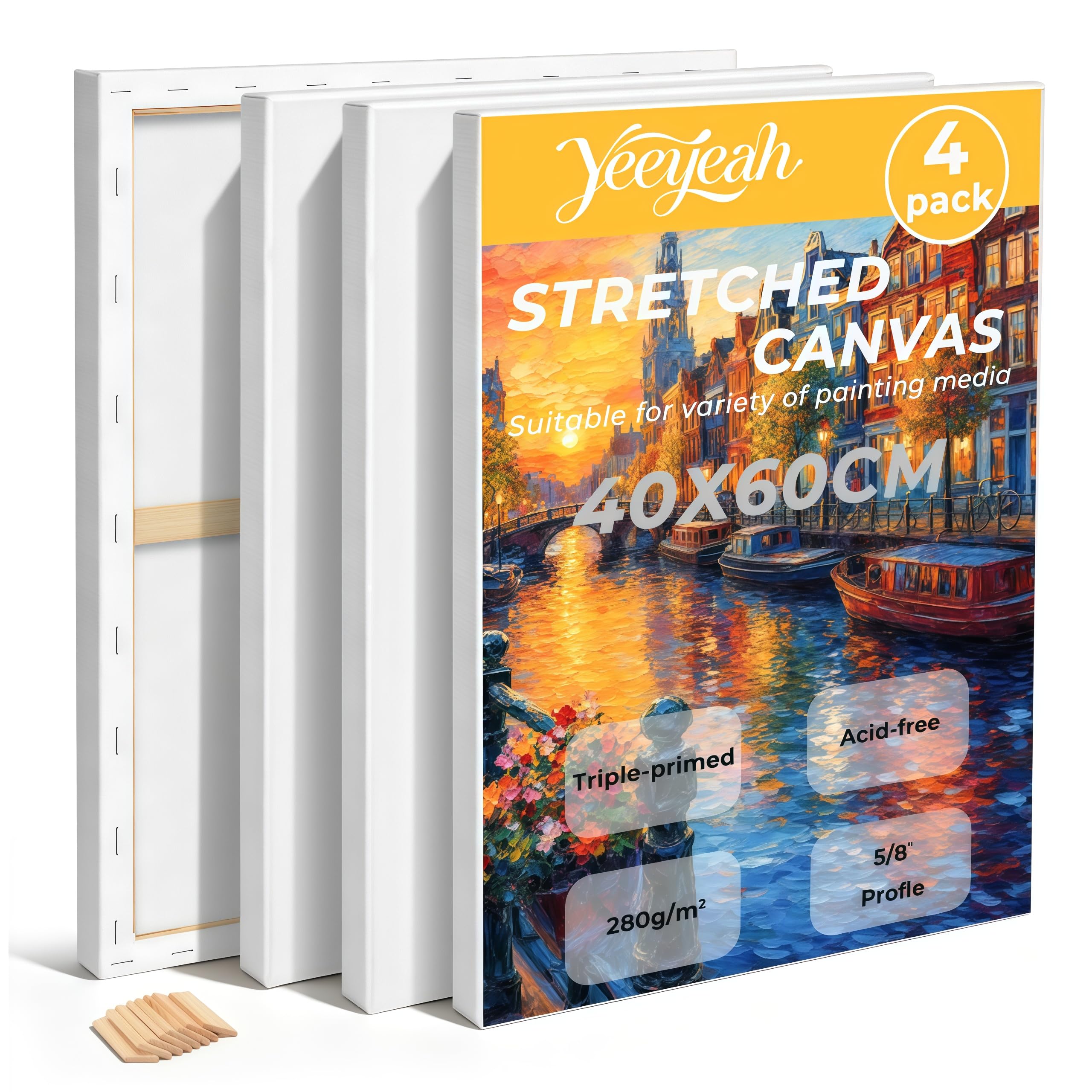 Yeeyeah 4 Pack 40x60cm Stretched Canvas for Painting, Blank Large Canvas, Acid-Free Cotton 280GSM Blank Canvas Set for Acrylic & Oil Painting Watercolor Etc.