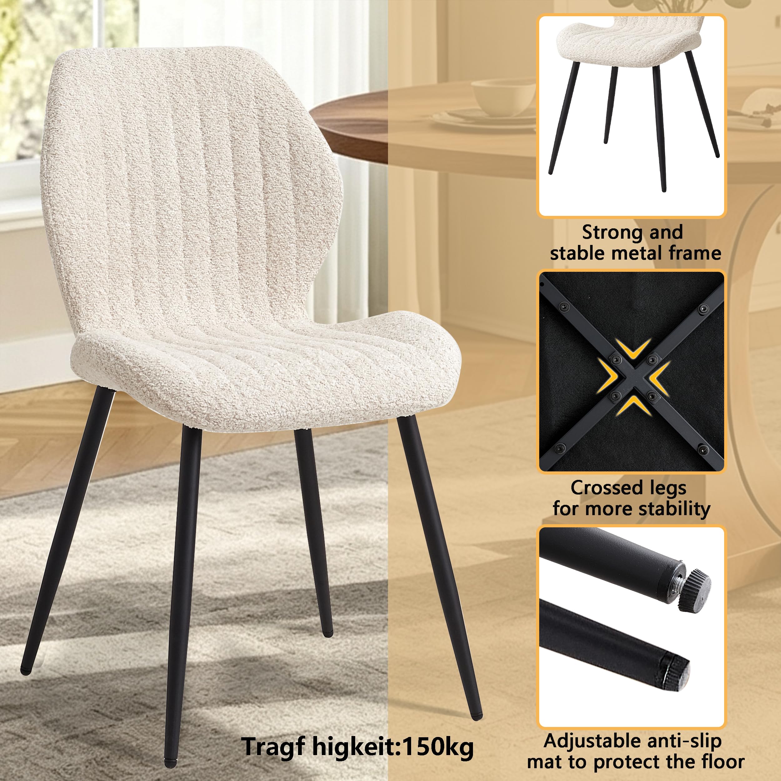Lot de 4 Chaise de Salle à Manger, Chaise de Cuisine en Lin, avec Pieds en Métal Noir, Coussin en Tissu Rempli D'éponge à Rebond Haute Densité, Convient pour Salle à Manger, Cuisine - Beige