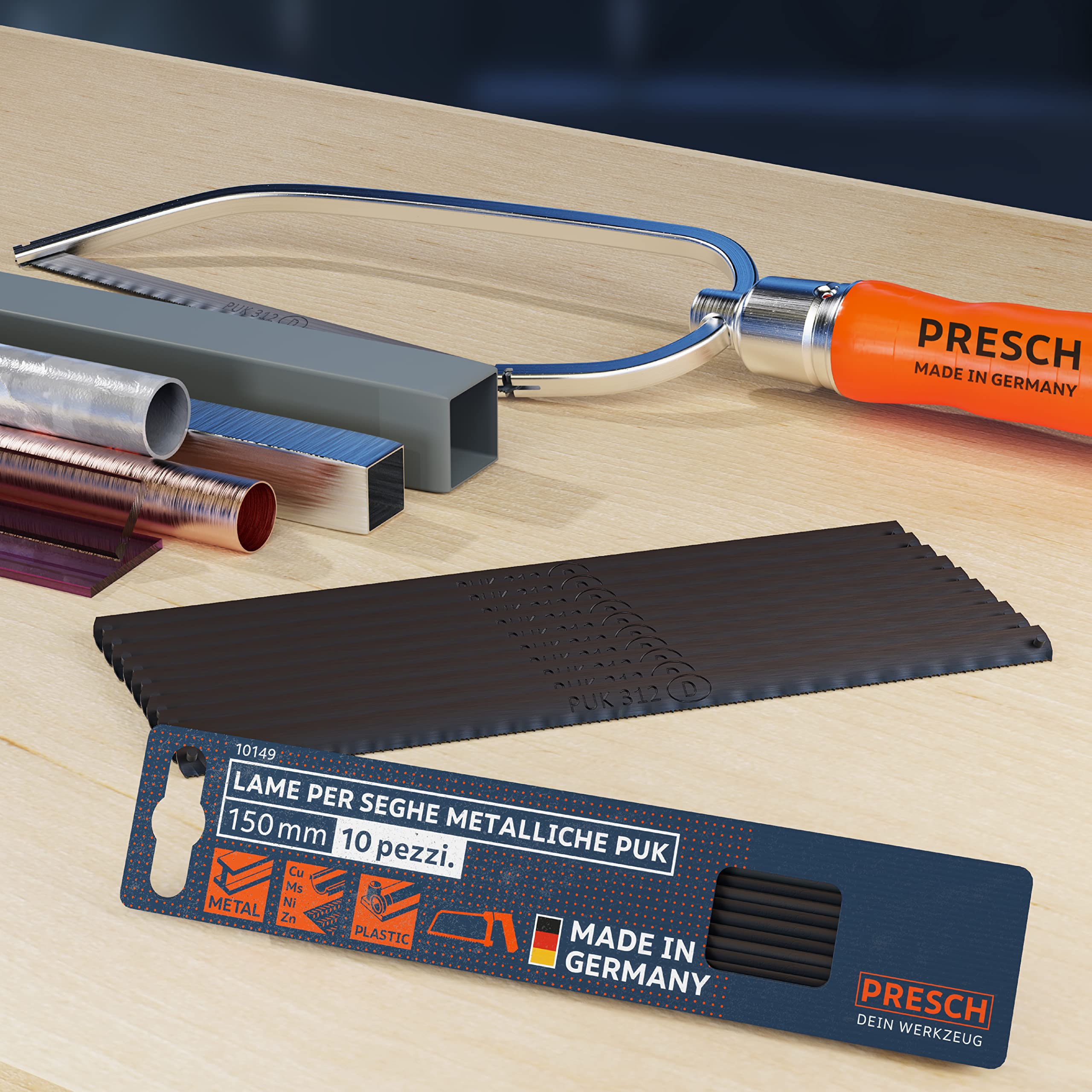 Presch Lama di sega in metallo PUK 150mm 10pz - Lame di sega a mano originali PUK 150mm - Per metalli non ferrosi (rame), acciaio inossidabile, plexiglas, plastica