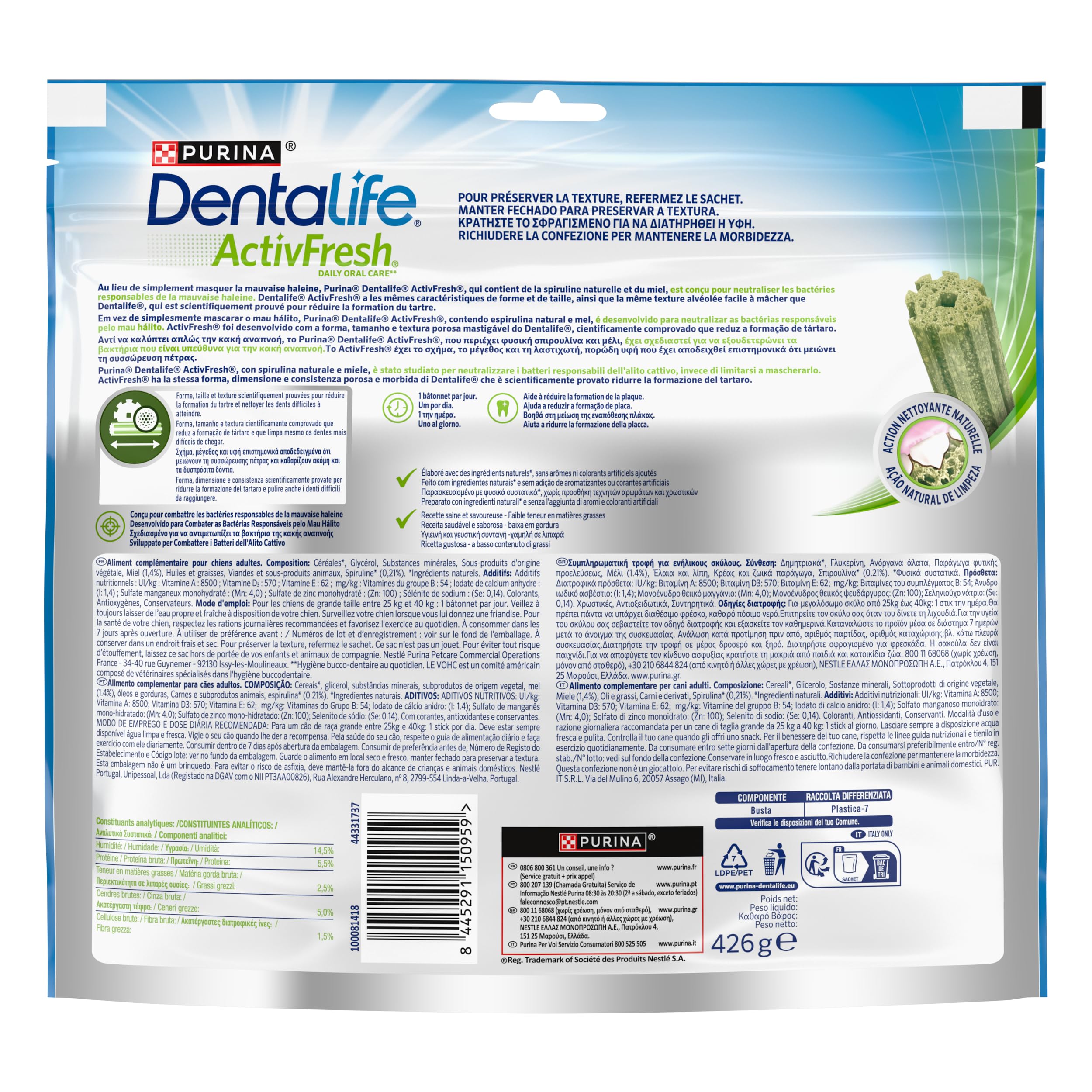 DENTALIFE | ACTIVFRESH | Dolcetti per cani adulti di grandi dimensioni | Aiuto a combattere l'alito cattivo | Sacchetto | 12 bastoncini | 426g (Confezione da 2)