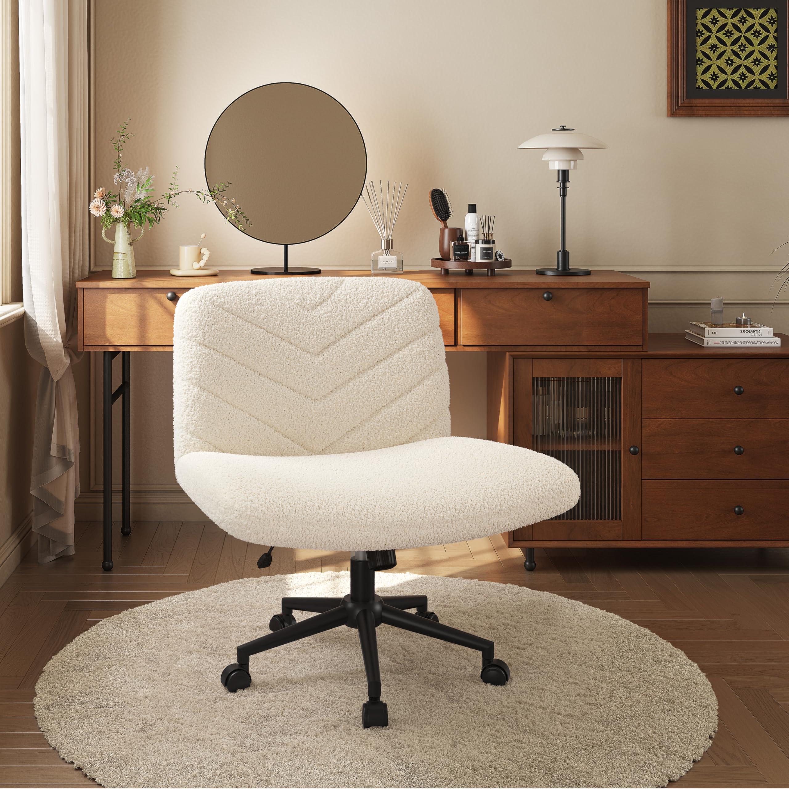 Yaheetech Silla de Oficina con Reudas, Silla Piernas Cruzadas con Función Mecedora, Ancha Sila de Escritorio para Juegos, Silla de Maquillaje sin Brazos para Casa, Marfil