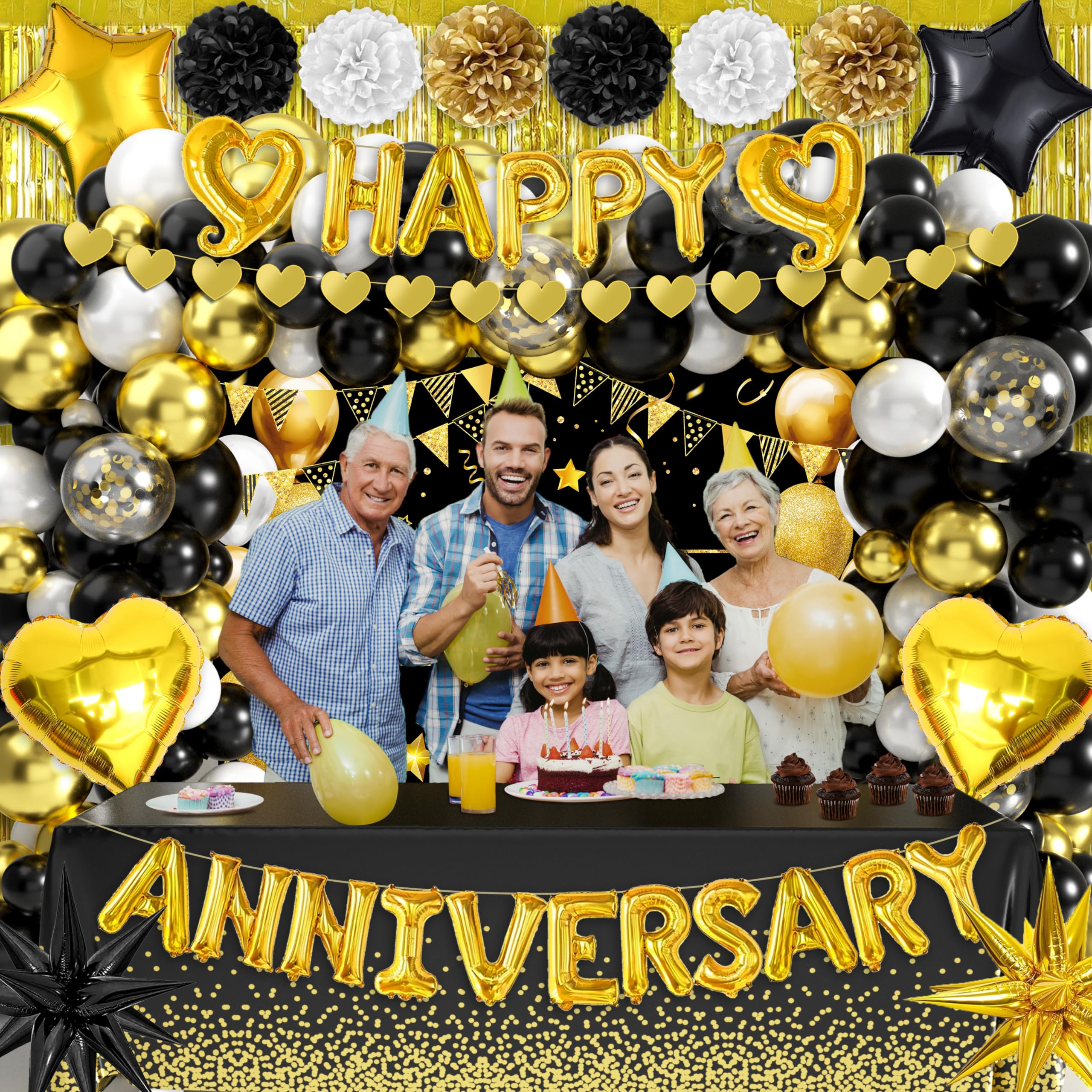 Happy Anniversary Party Decoration 101Pcs - Black and Gold Supplies, Backdrop Banner, Balloon Arch Kit, Tablecloth for Wedding Decor