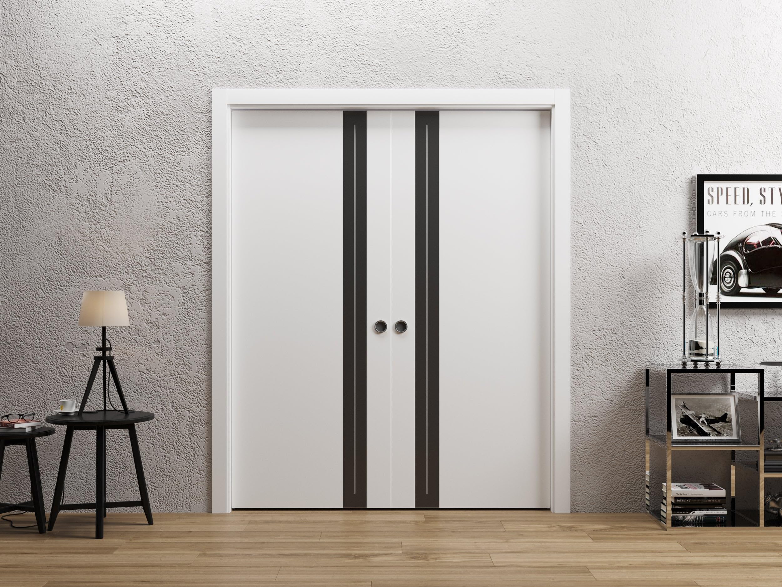 Sartodoors Interior Door 4440 Double Pocket Doors White with Frosted Glass Solid Wood with Honeycomb core Modern Design 60 x 96 in