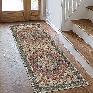 GENIMO 2x5 Runner Rugs for Hallway, Machine Washable Non Slip Vintage Rugs, Low Pile Lightweight Soft Print Rug for enrtyway, Corridor, Home Office, Kitchen, Bordeaux